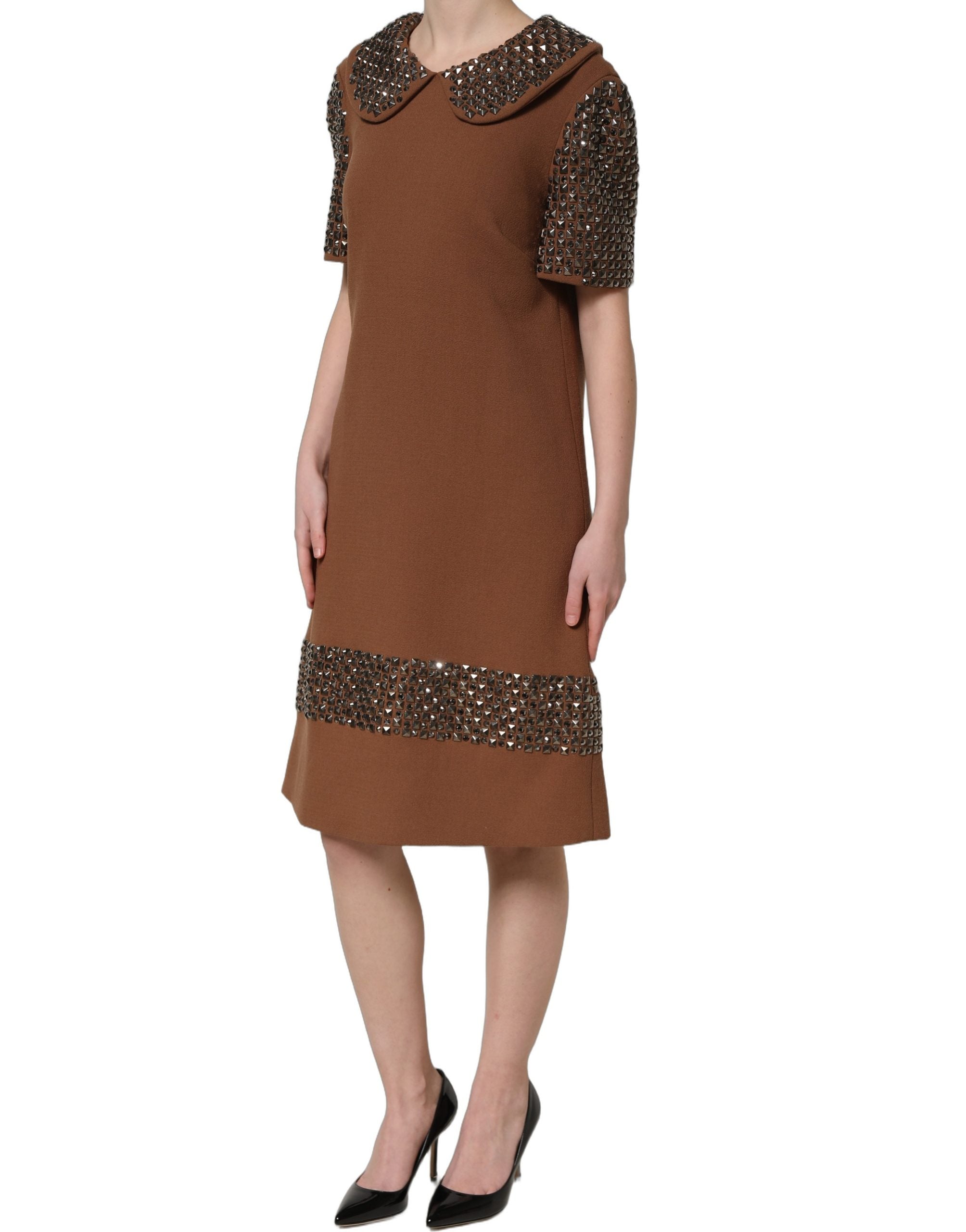 Dolce & Gabbana Braunes Midi-Kleid aus Wolle mit Strassverzierungen