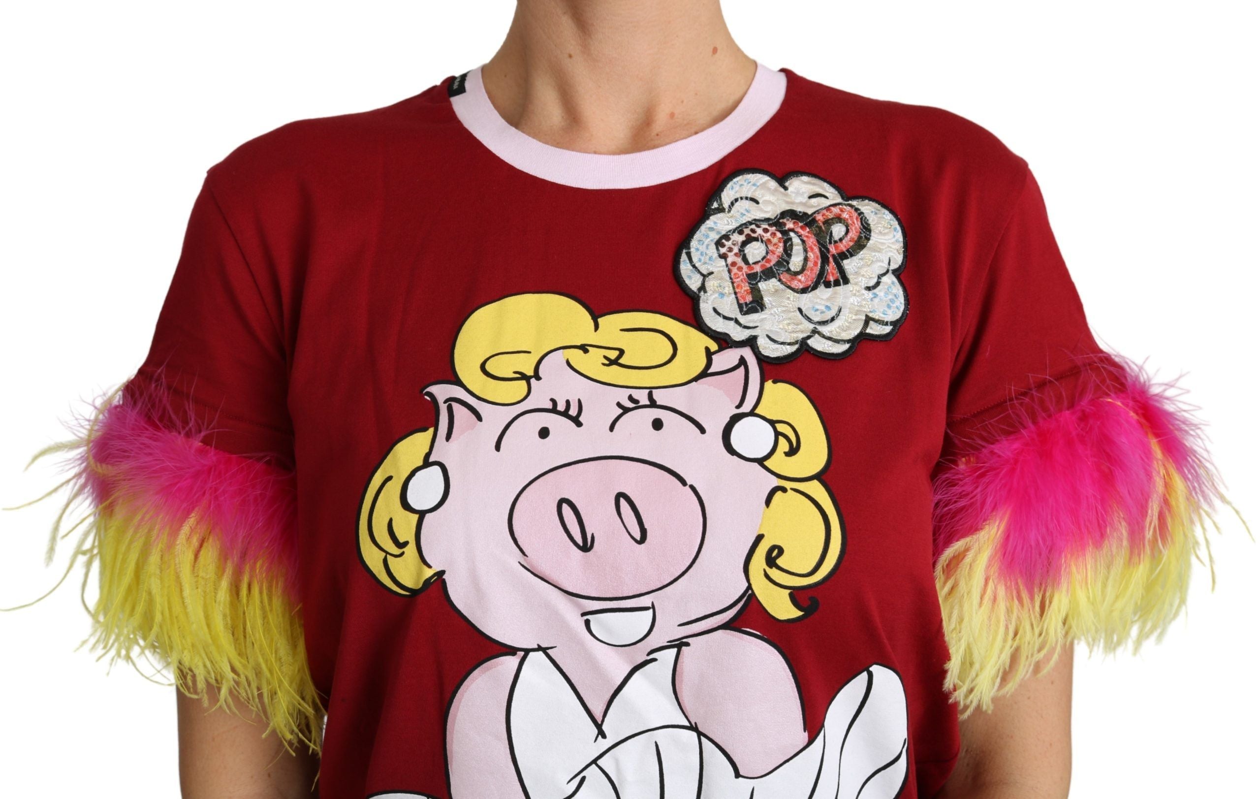 T-shirt Dolce & Gabbana rouge à imprimé cochon et manches à plumes