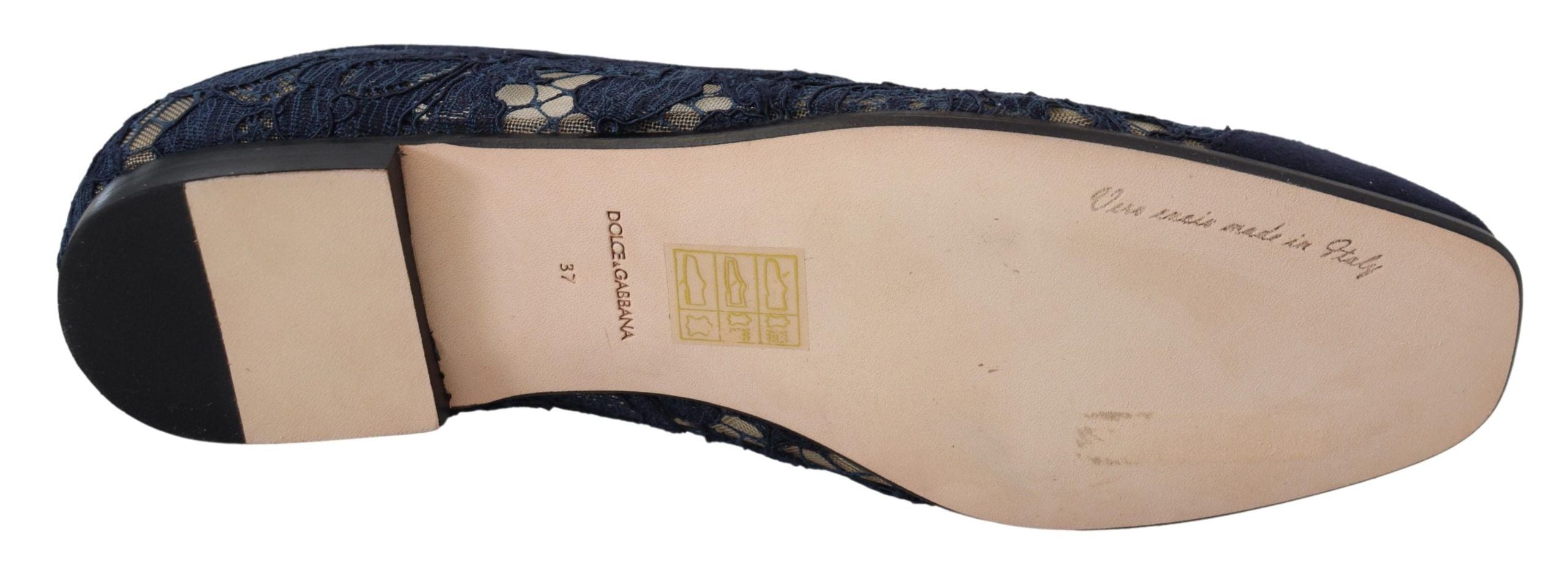 Dolce & Gabbana Blaue Blumen-Spitzen-Slipper Loafer Flache Schuhe
