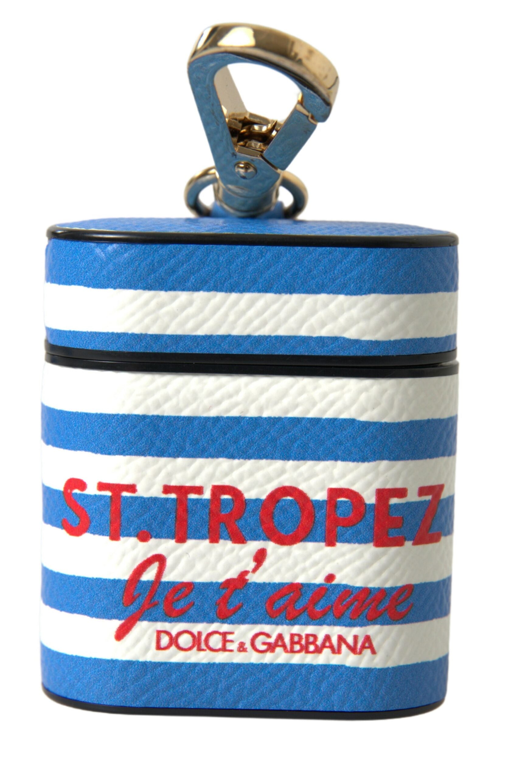 Étui AirPod en cuir Dauphine à rayures bleues imprimé logo Dolce & Gabbana