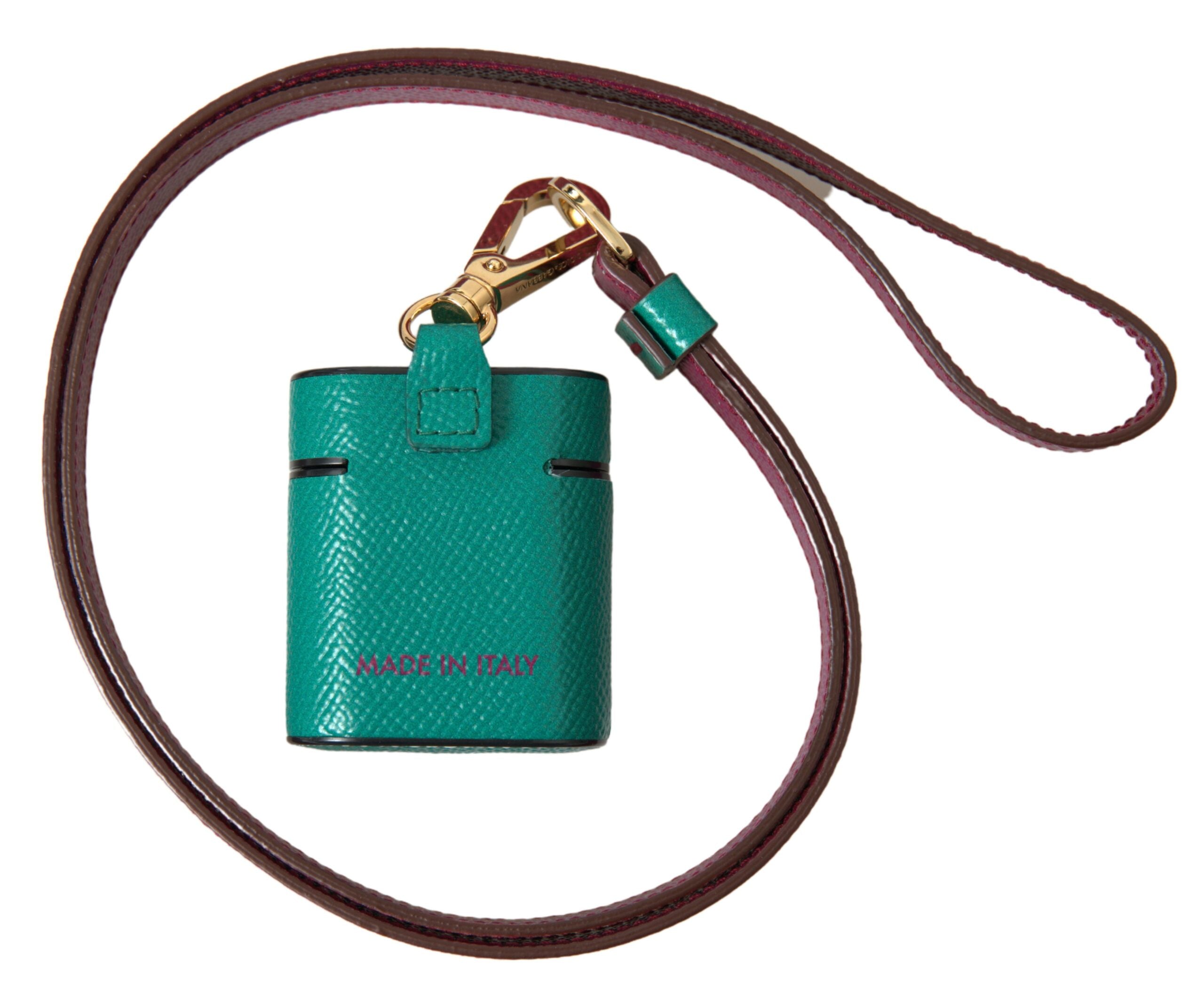 Dolce & Gabbana AirPods-Case aus grünem und maronfarbenem Kalbsleder mit Logo-Print-Riemen
