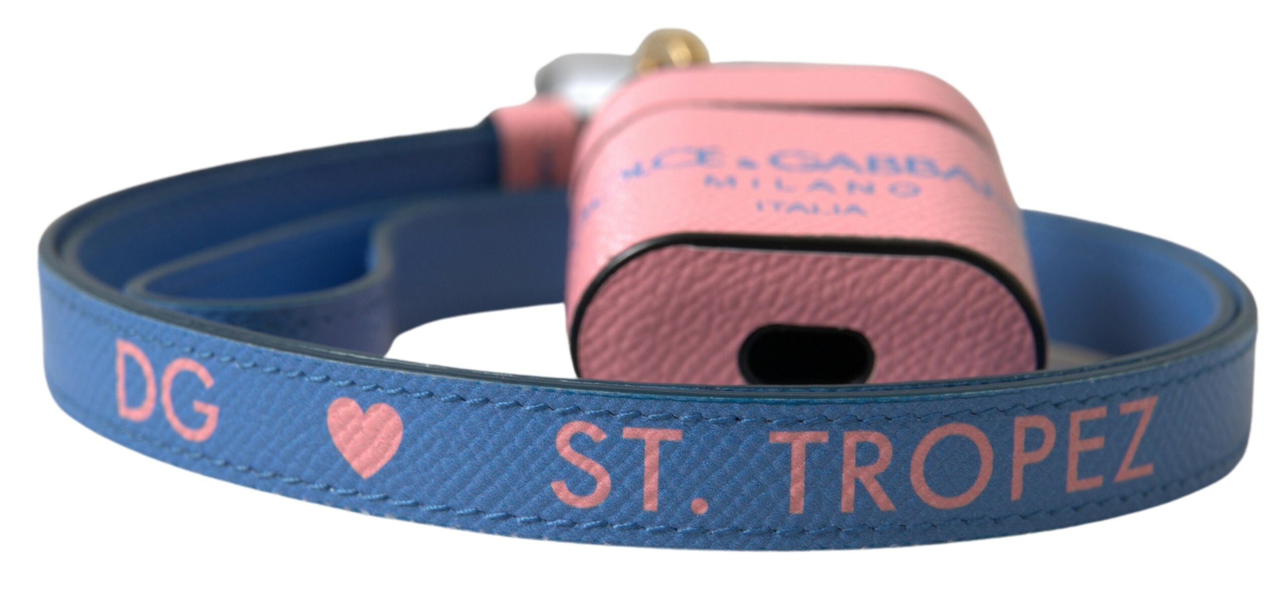 Dolce & Gabbana Pink Blue Kalbsleder Logo Print Strap Airpods Hülle