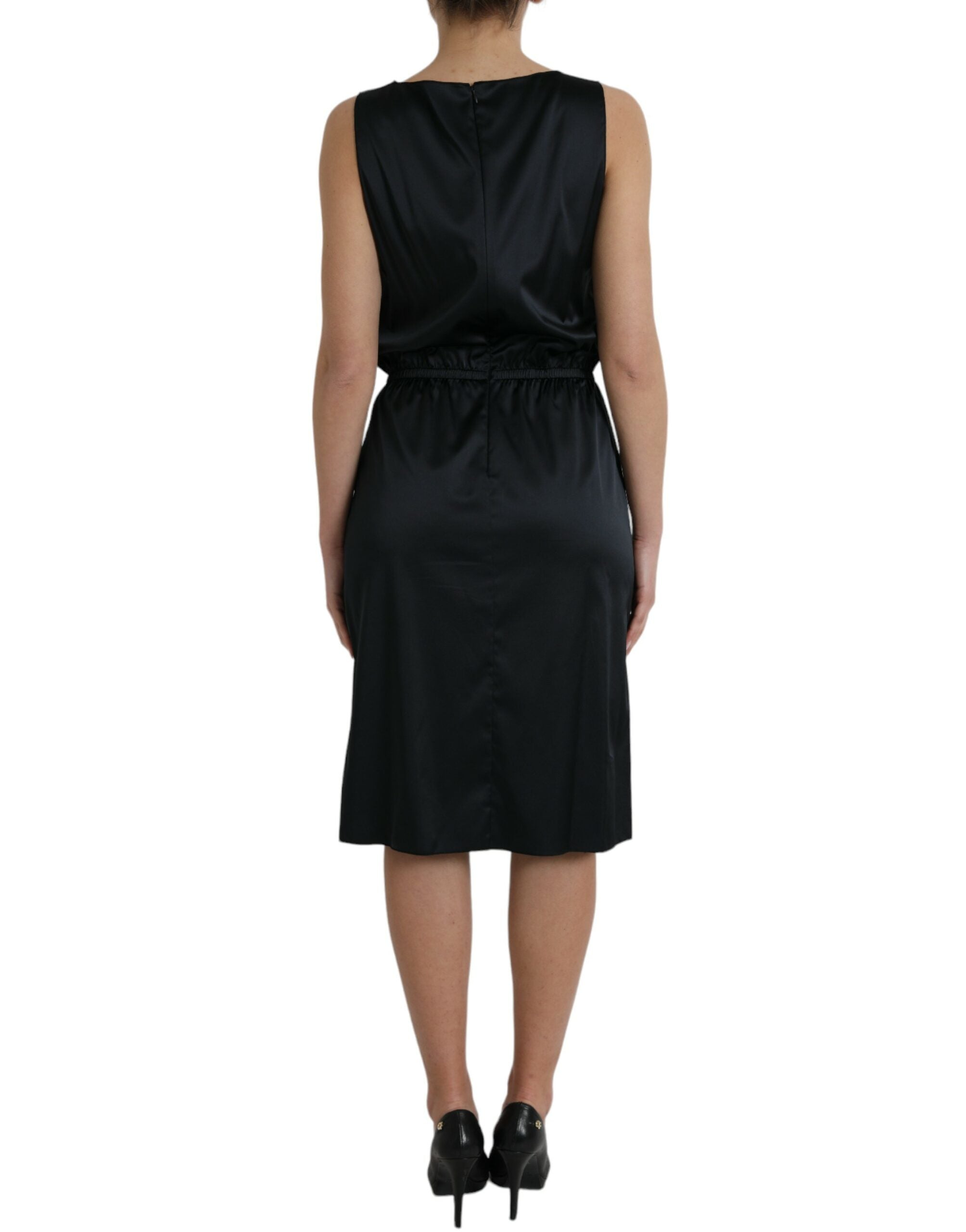 Dolce & Gabbana Schwarzes Polyester-Scheidenkleid mit Spitzenbesatz, Midi-Länge