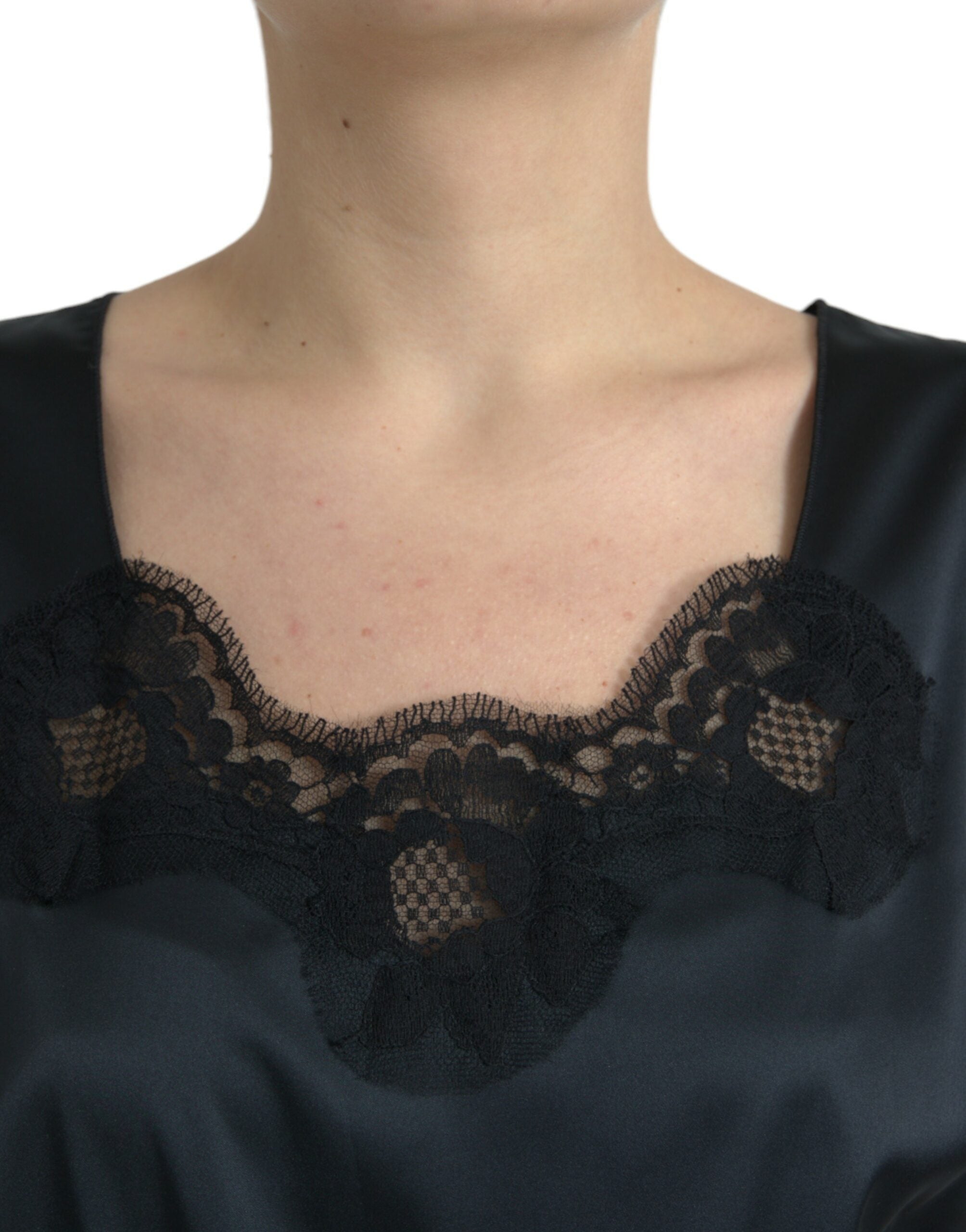 Dolce & Gabbana Schwarzes Polyester-Scheidenkleid mit Spitzenbesatz, Midi-Länge