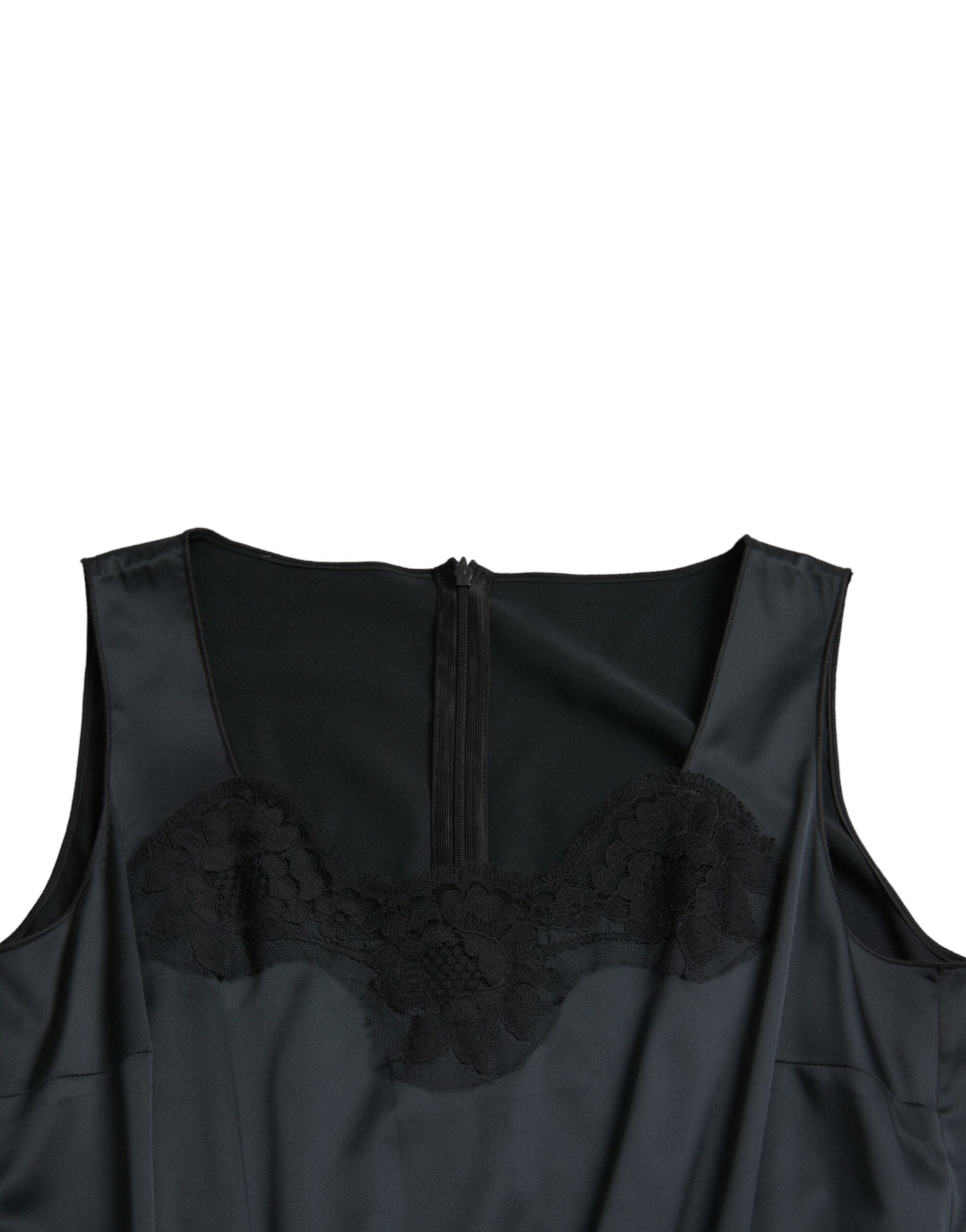 Dolce & Gabbana Schwarzes Polyester-Scheidenkleid mit Spitzenbesatz, Midi-Länge
