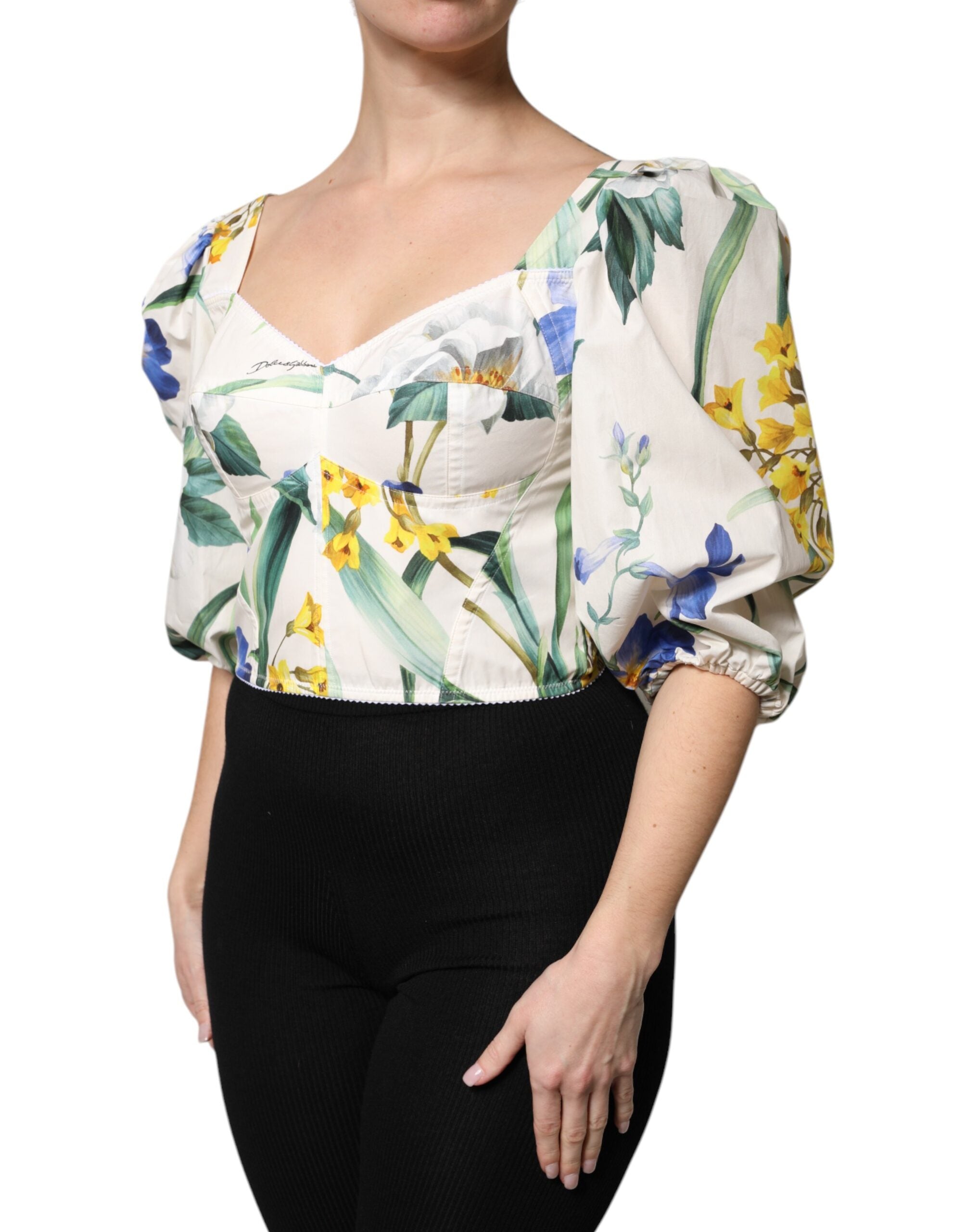 Dolce & Gabbana Weiße Bluse mit Blumenmuster, Puffärmeln und kurzem Schnitt
