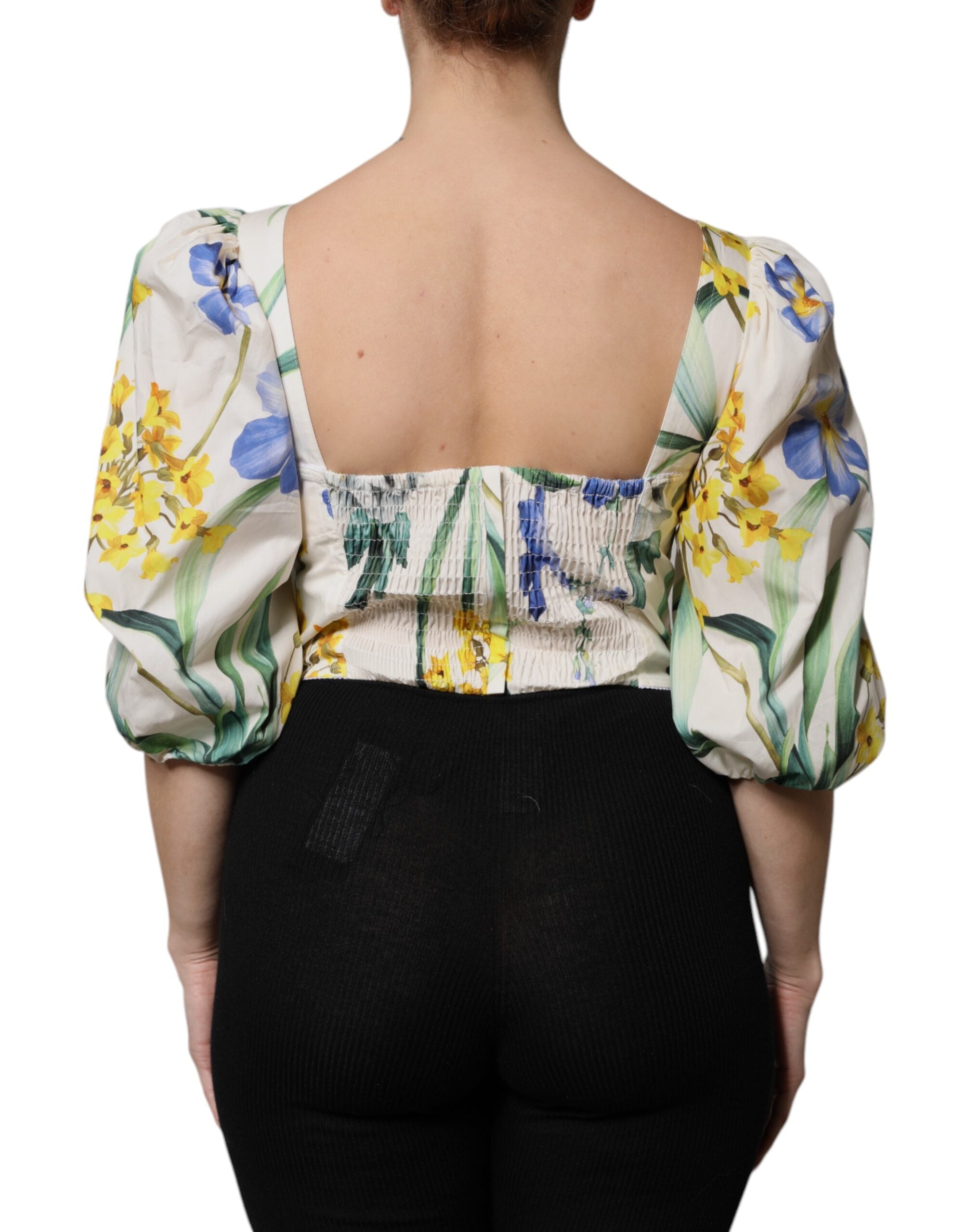 Dolce & Gabbana Weiße Bluse mit Blumenmuster, Puffärmeln und kurzem Schnitt