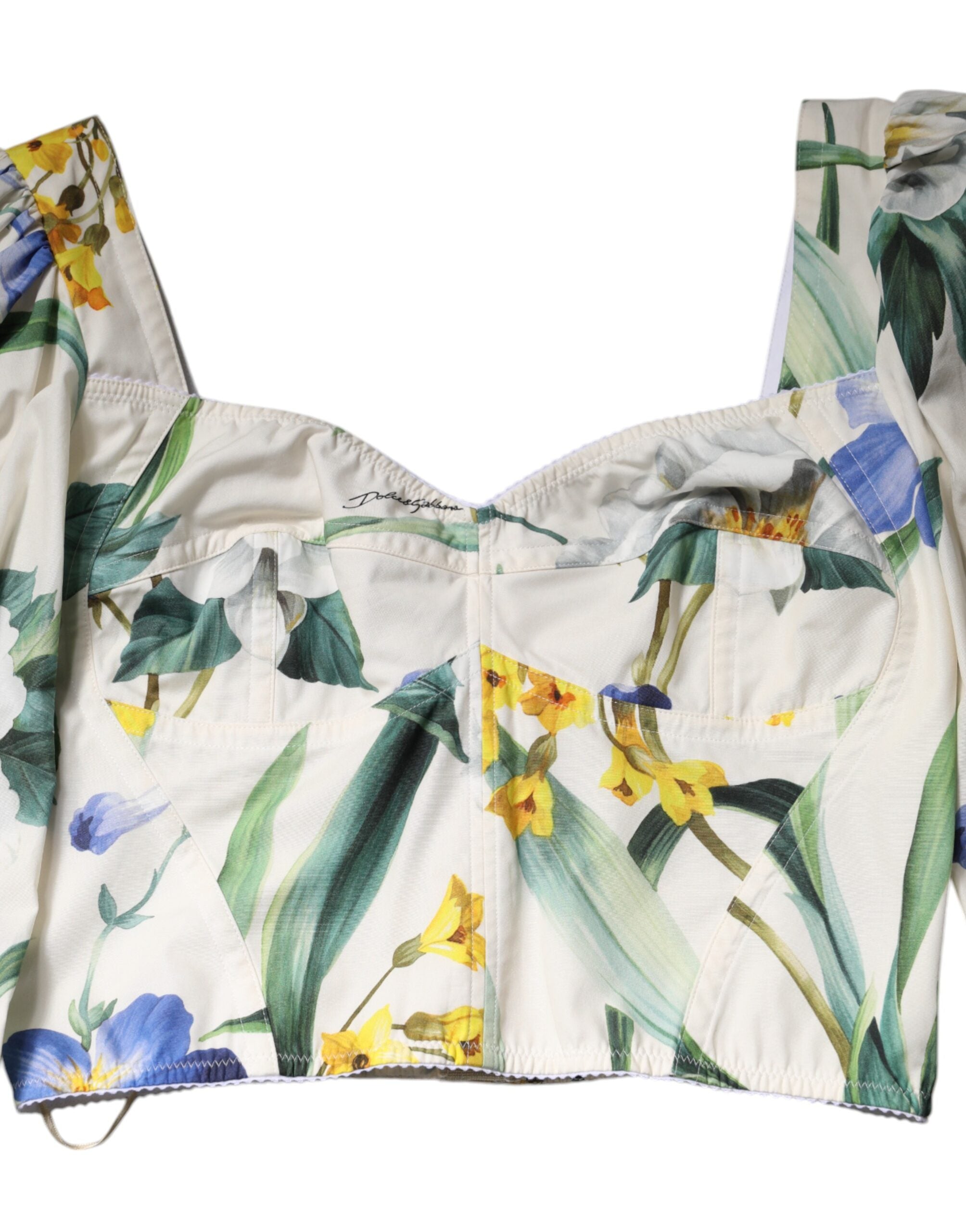 Dolce & Gabbana Weiße Bluse mit Blumenmuster, Puffärmeln und kurzem Schnitt