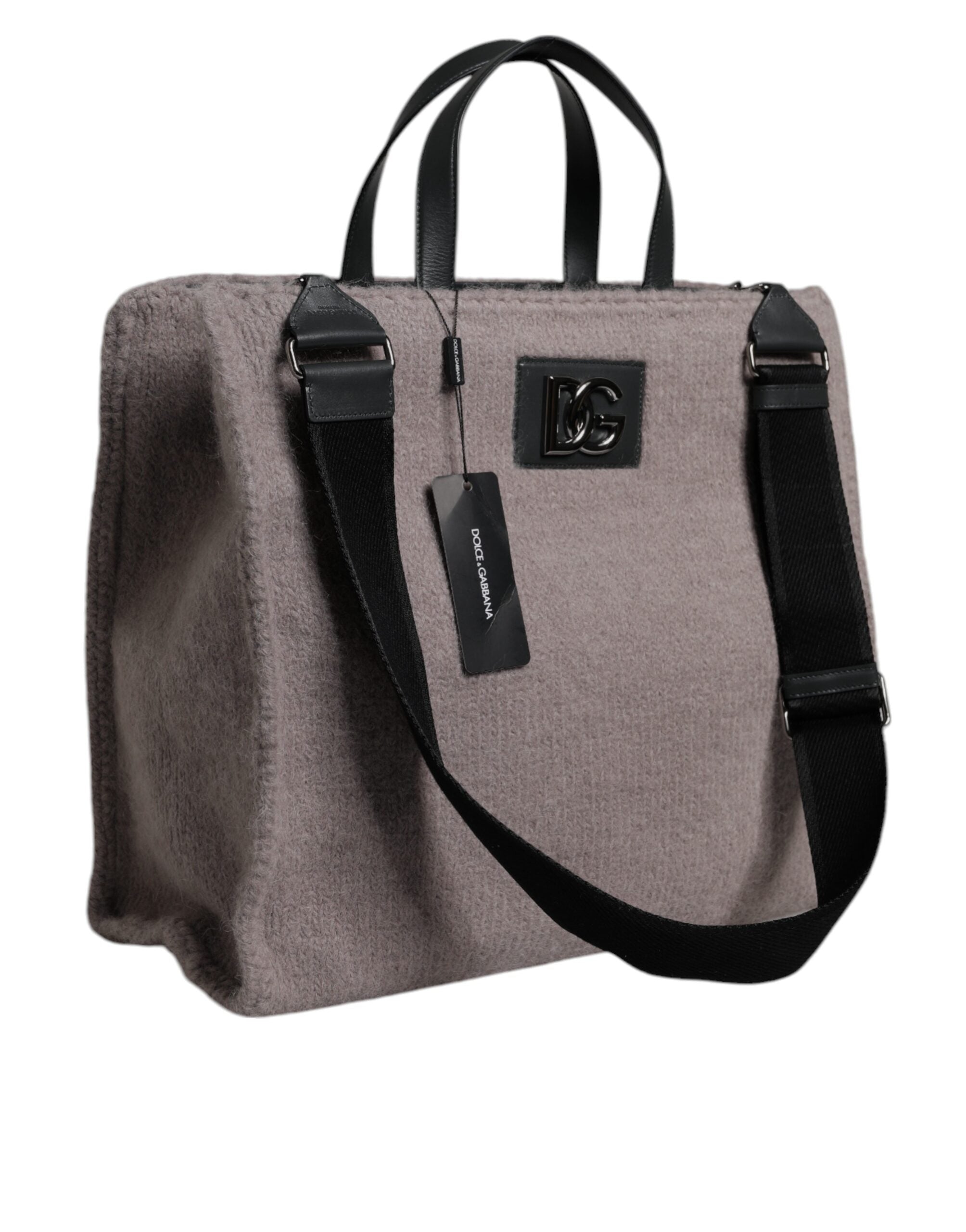 Dolce & Gabbana Grey Alpaca Wool Logo Plaque Tote Shoulder Bag