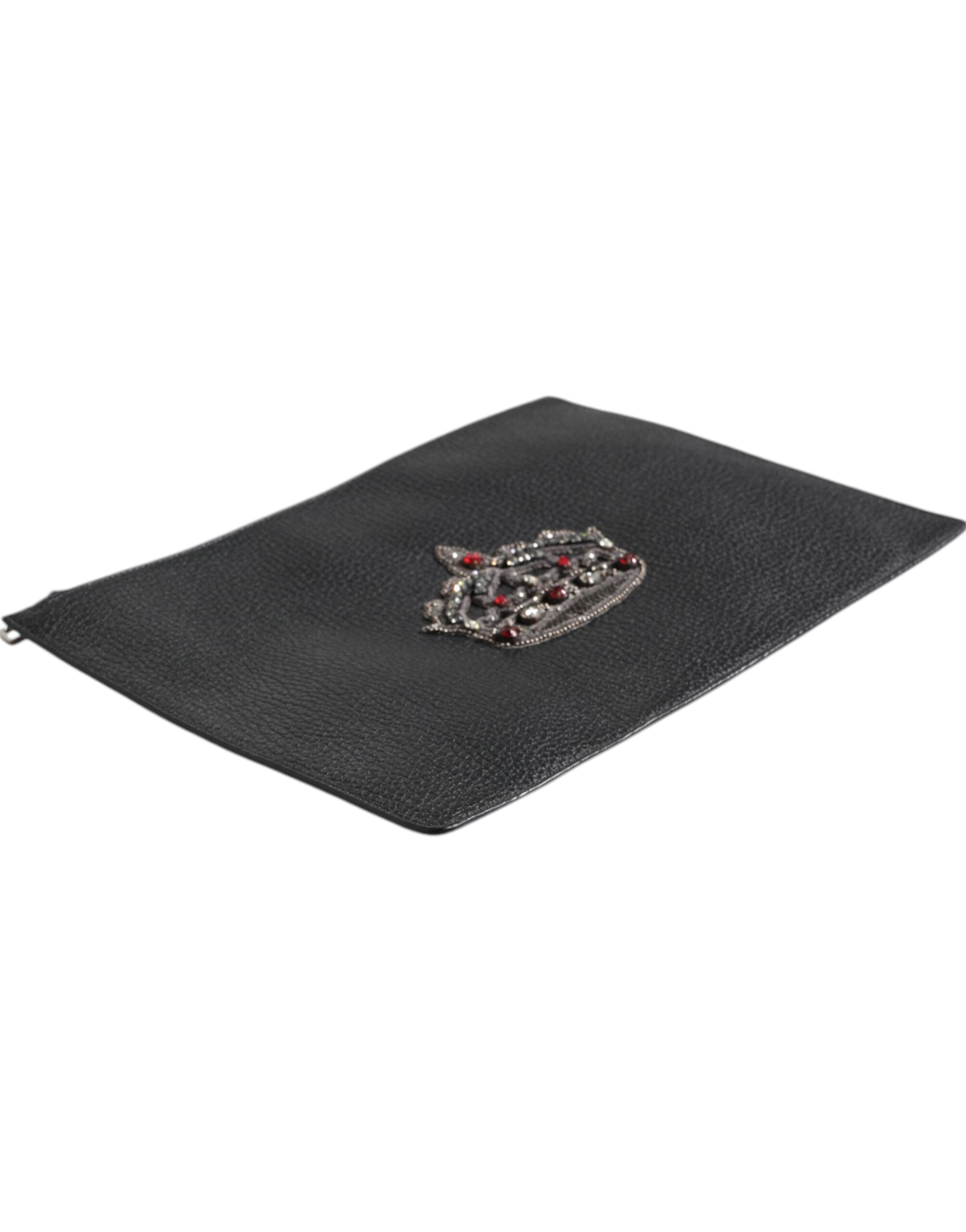 Dolce & Gabbana Black Calfskin Crown Embellished Clutch Pouch Bag
