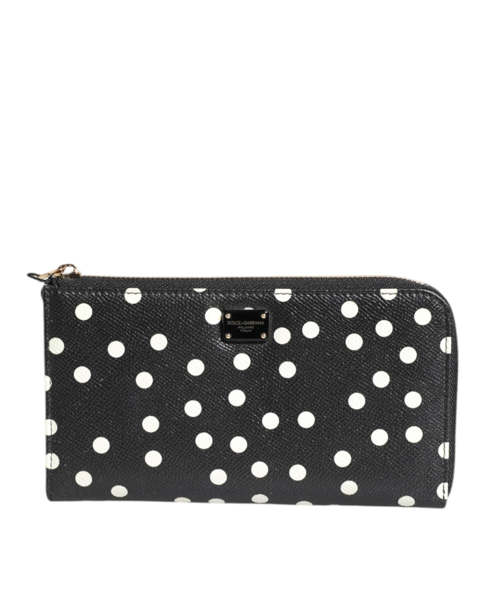 Dolce & Gabbana Black White Dotted Leather Zip Around Continental Wallet