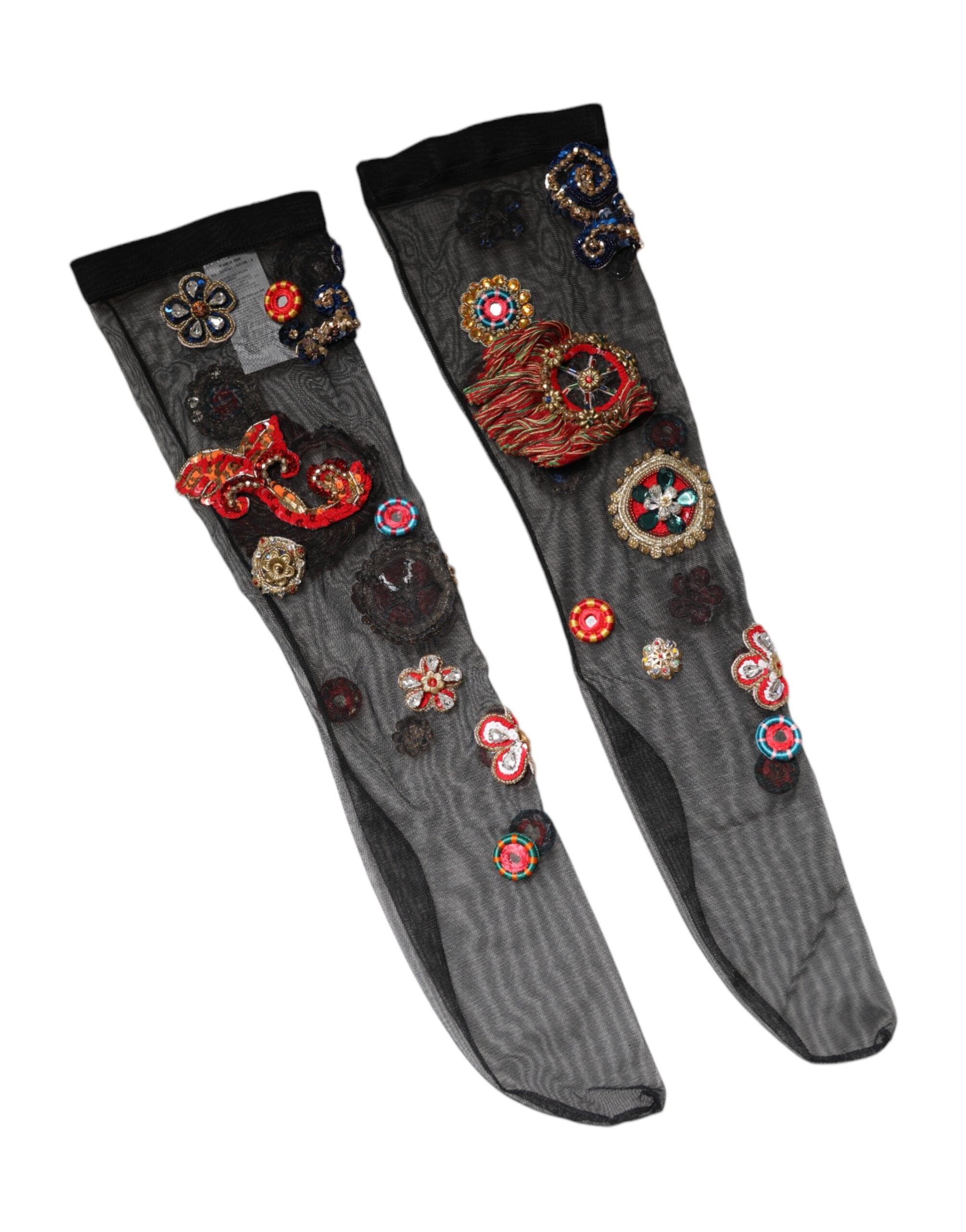 Dolce & Gabbana Bas Mi-Cuisses Noirs Extensibles Carretto à Cristaux