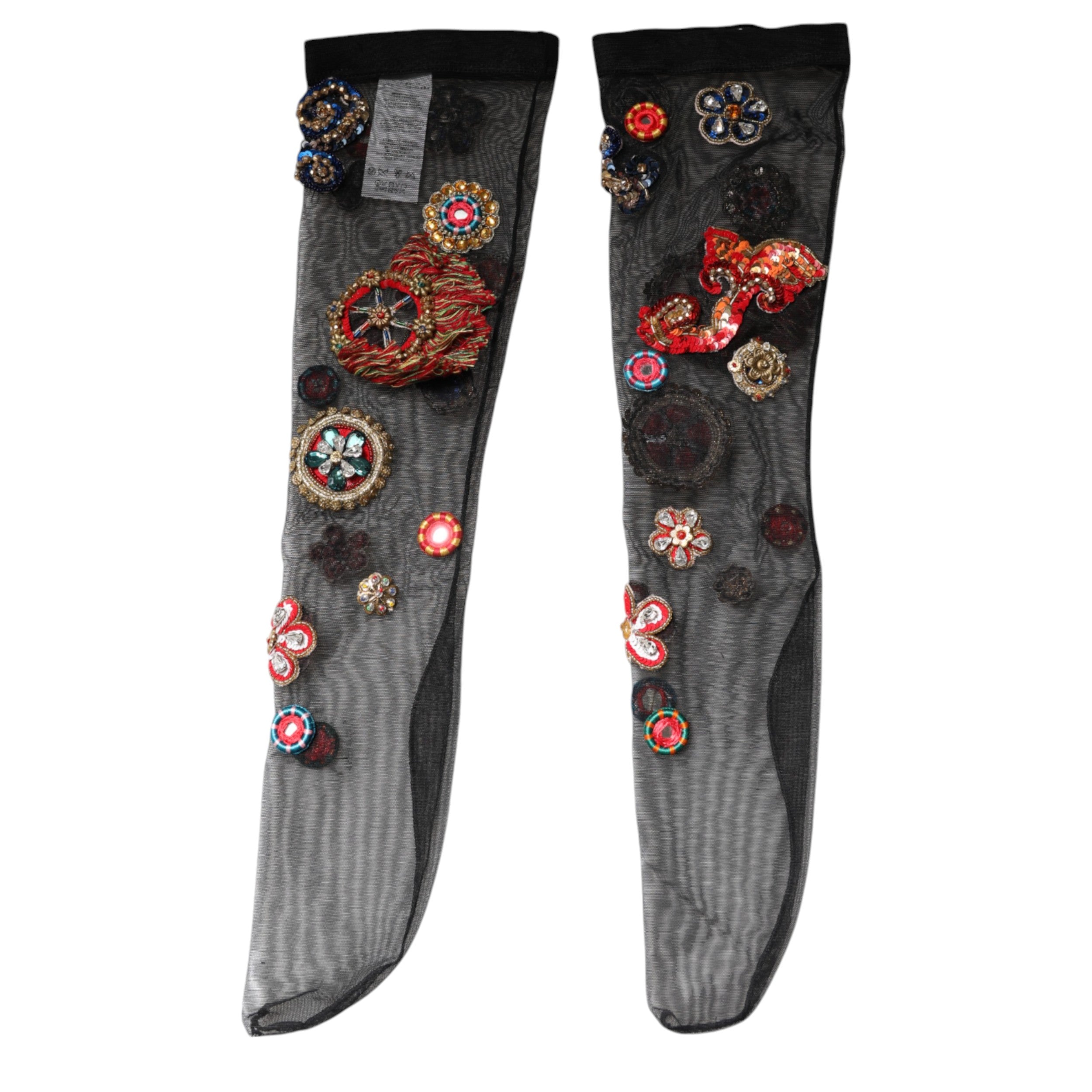 Dolce & Gabbana Bas Mi-Cuisses Noirs Extensibles Carretto à Cristaux