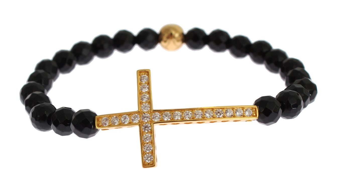 Bracelet en argent 925 Nialaya avec agate et croix dorée sertie de zirconiums cubiques