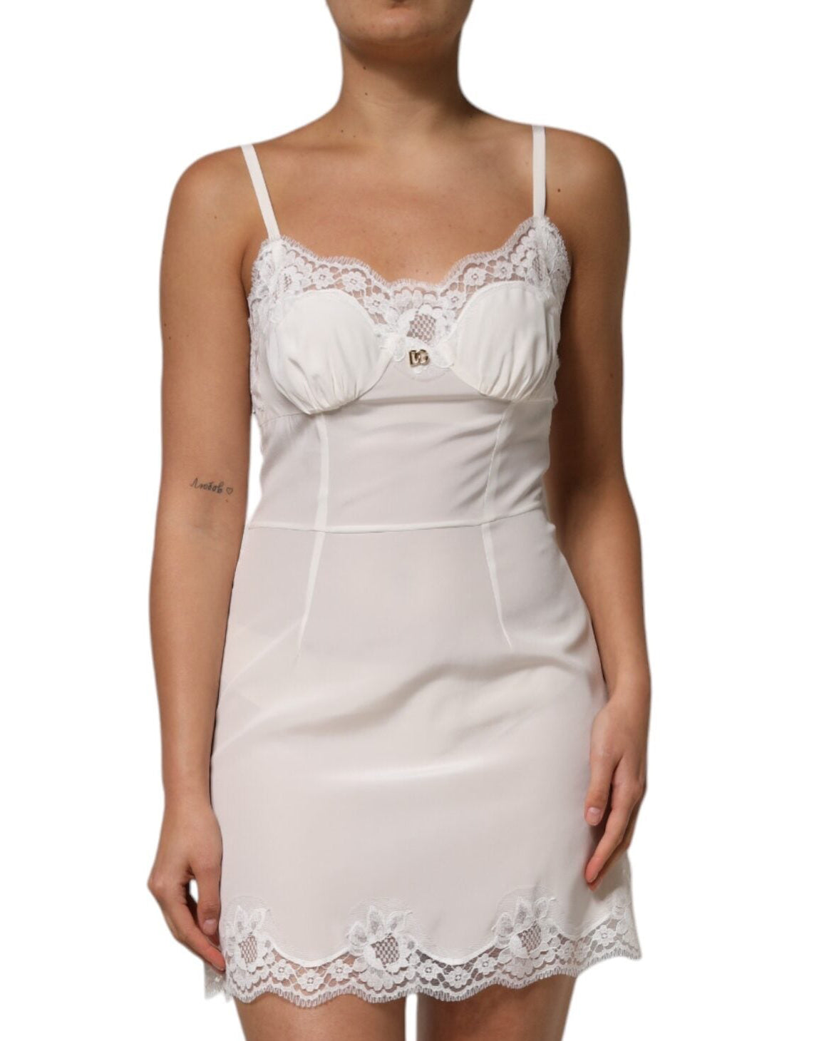 Dolce & Gabbana weißes Spitzen-Seidenkleid mit DG-Logo zum Schlafen