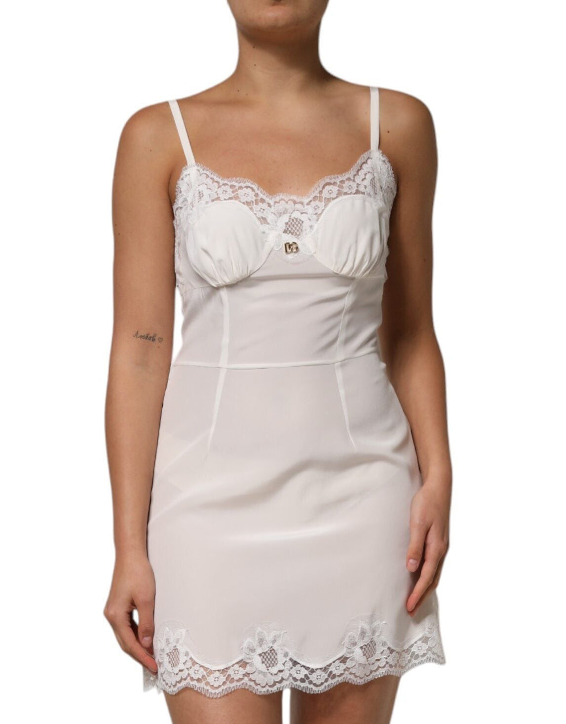 Dolce & Gabbana weißes Spitzen-Seidenkleid mit DG-Logo zum Schlafen