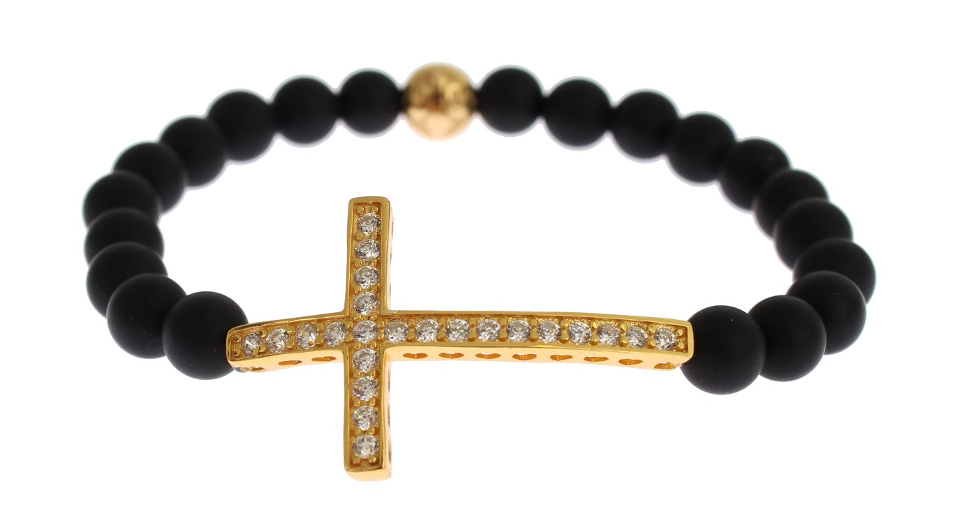 Bracelet Nialaya en argent 925, onyx mat et croix CZ dorée
