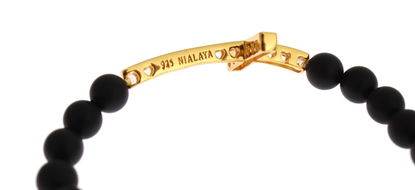Bracelet Nialaya en argent 925, onyx mat et croix CZ dorée