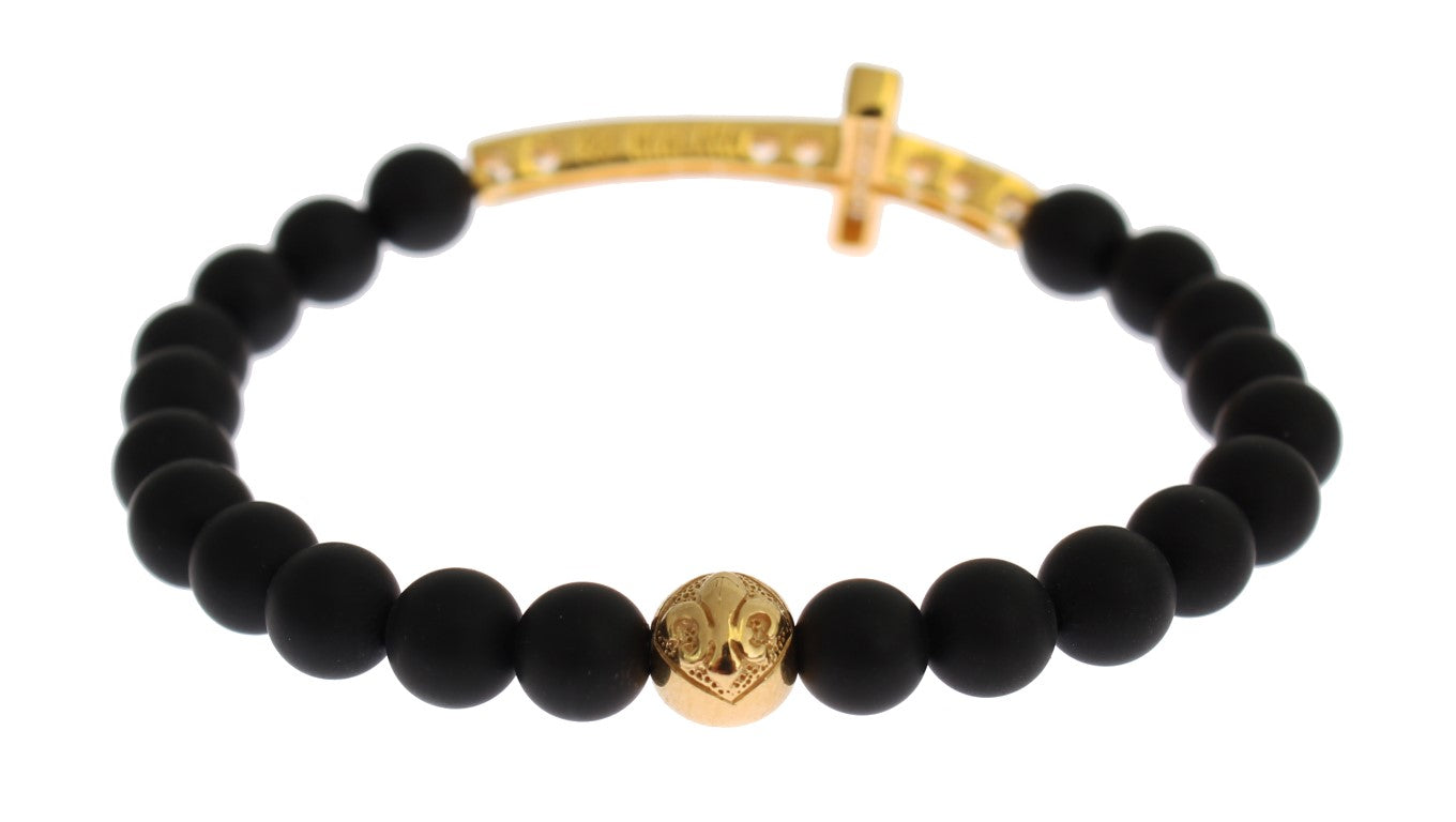 Bracelet Nialaya en argent 925, onyx mat et croix CZ dorée