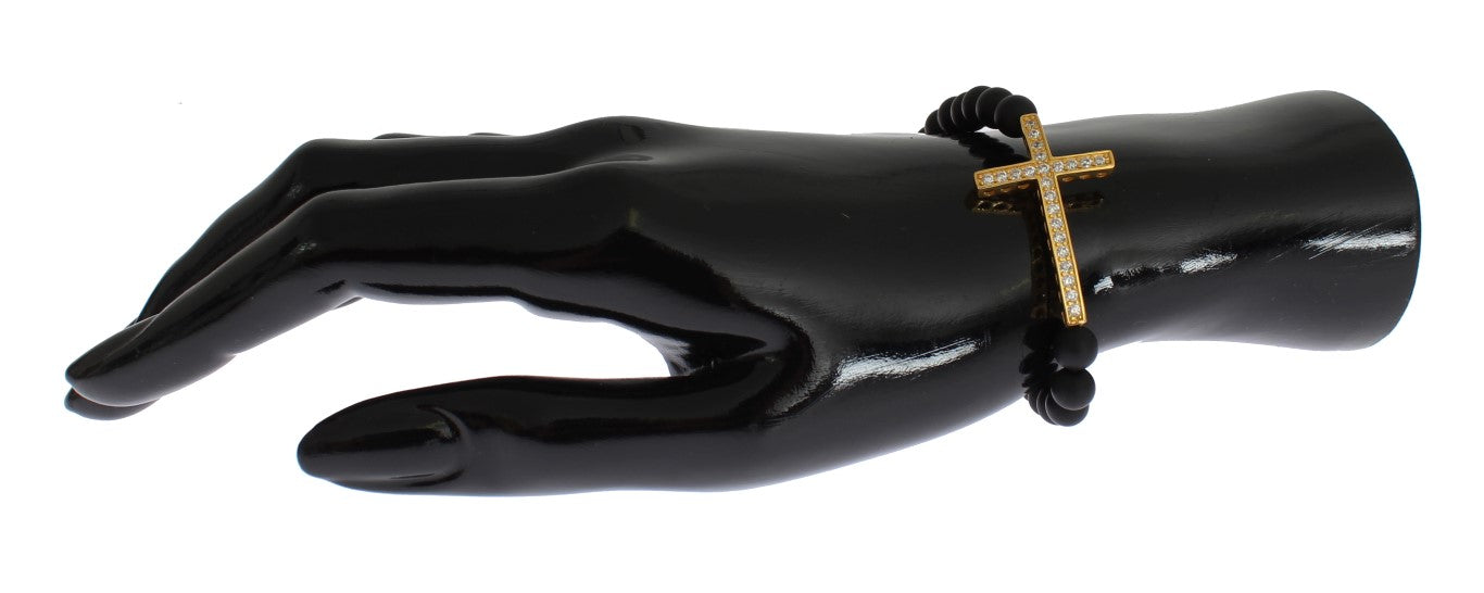 Bracelet Nialaya en argent 925, onyx mat et croix CZ dorée