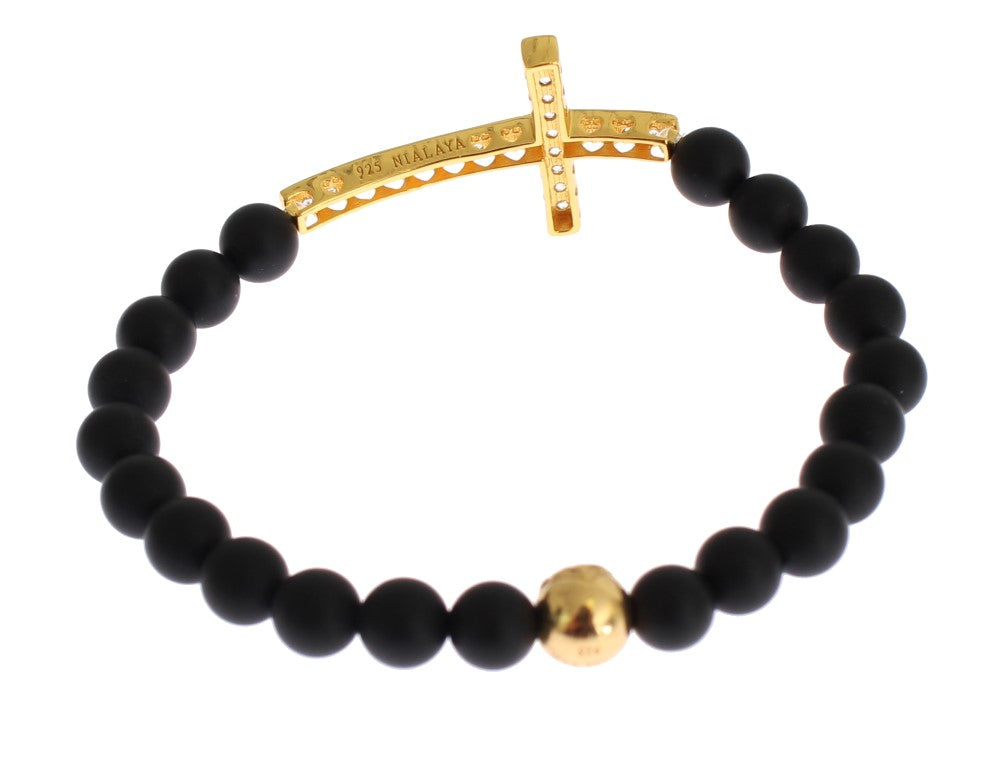 Bracelet Nialaya en argent 925, onyx mat et croix CZ dorée
