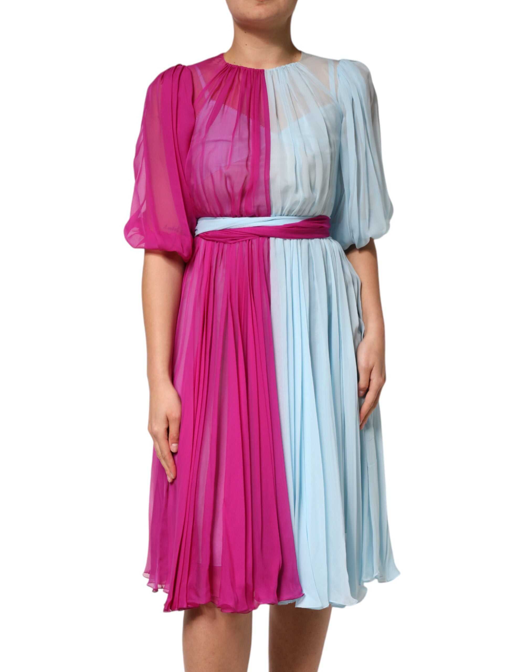 Dolce & Gabbana Fuchsiapink Hellblaues Zweifarbiges Midikleid Aus Seide