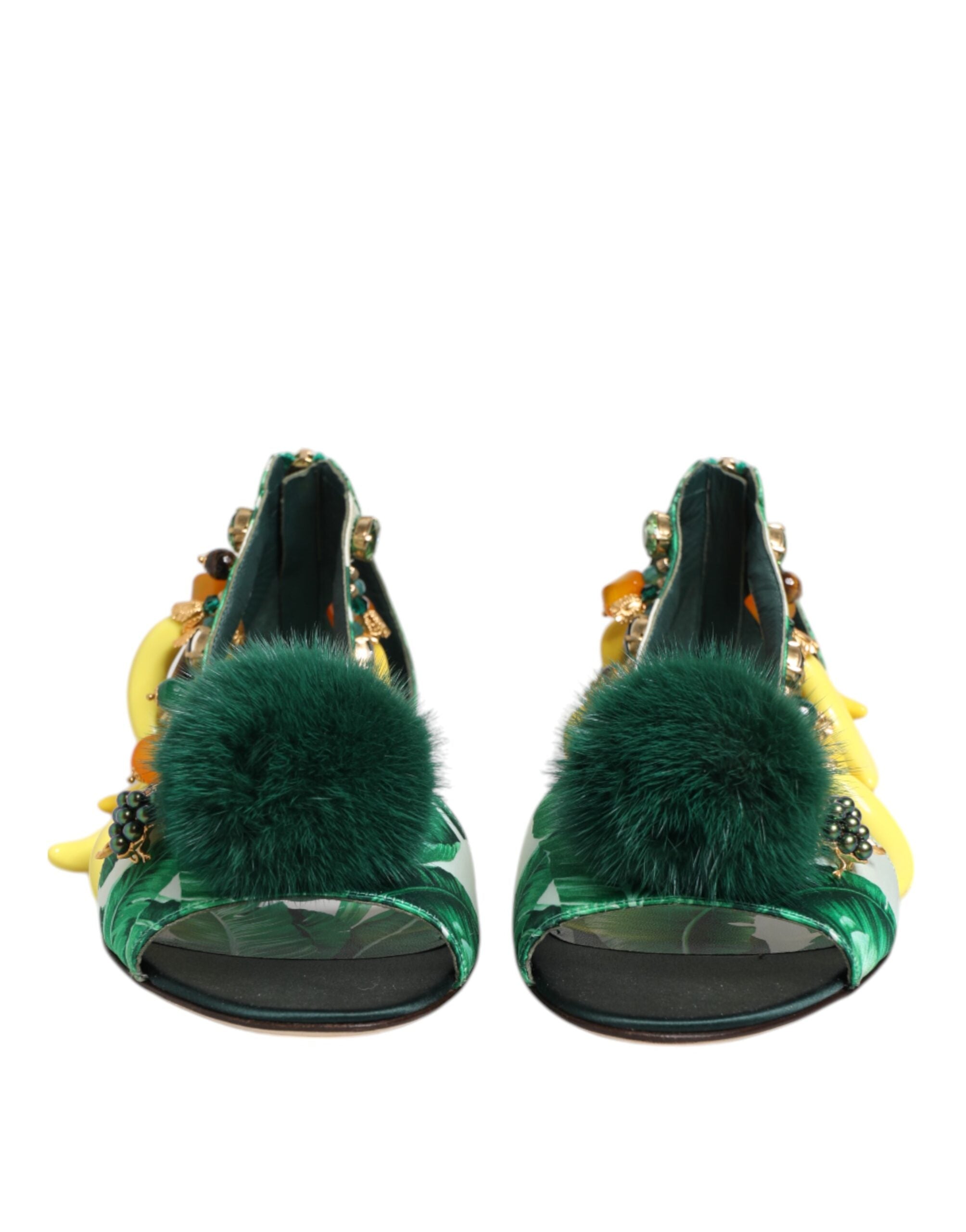 Dolce & Gabbana Grüne Nerzfell-Sandalen mit Satin-Bananenblättern
