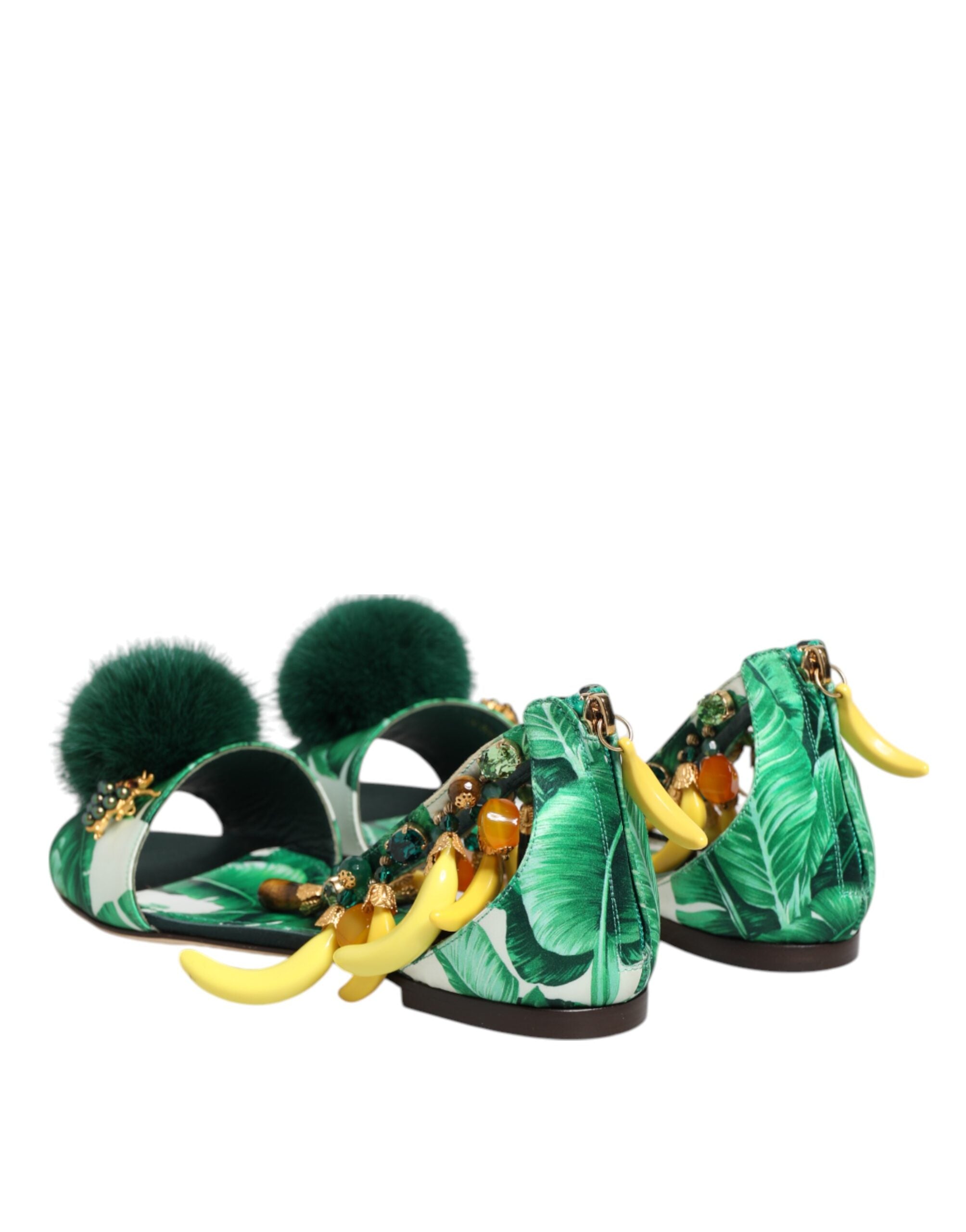 Dolce & Gabbana Grüne Nerzfell-Sandalen mit Satin-Bananenblättern