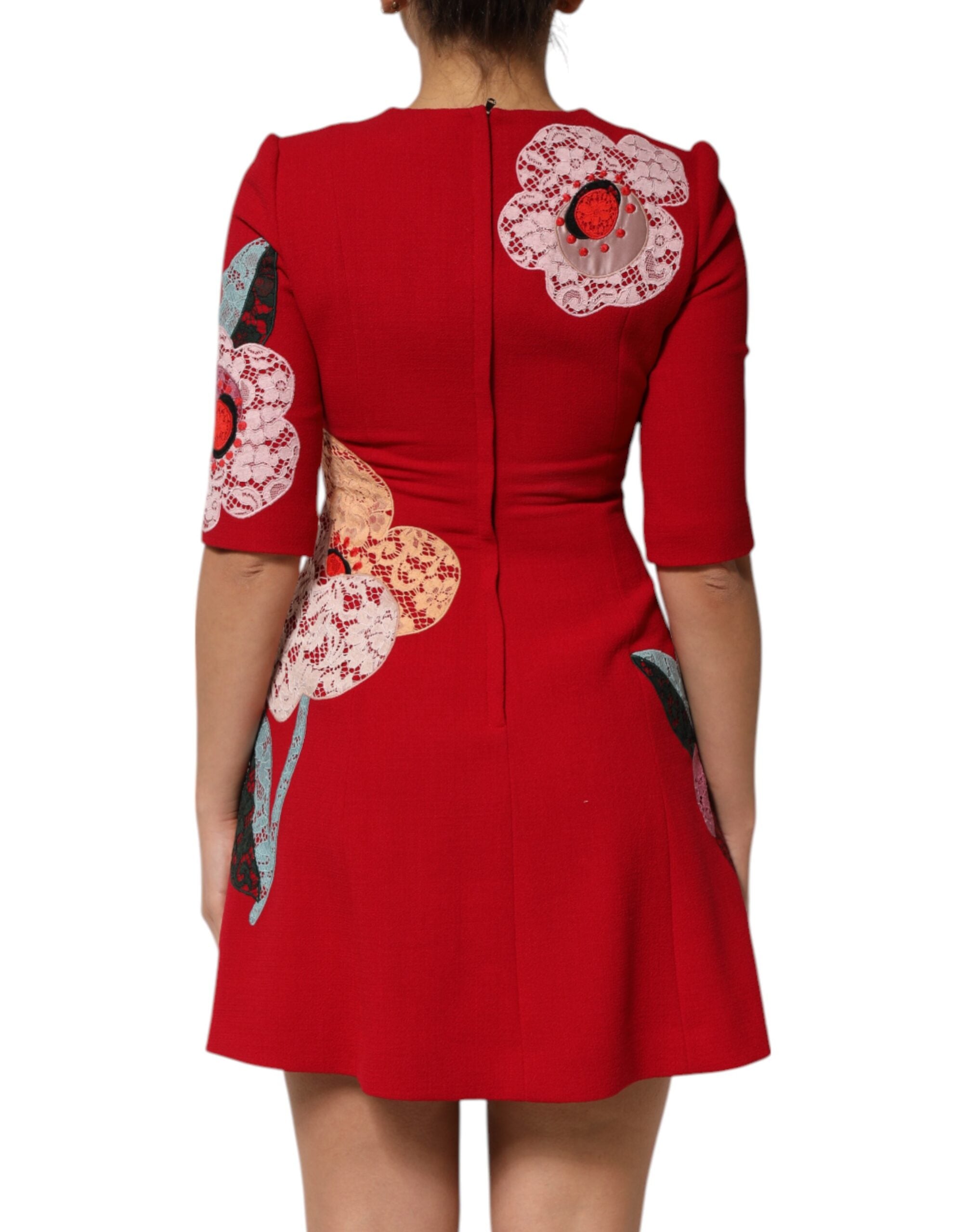 Dolce & Gabbana rotes Spitzen-Minikleid mit floralen Applikationen in A-Linie