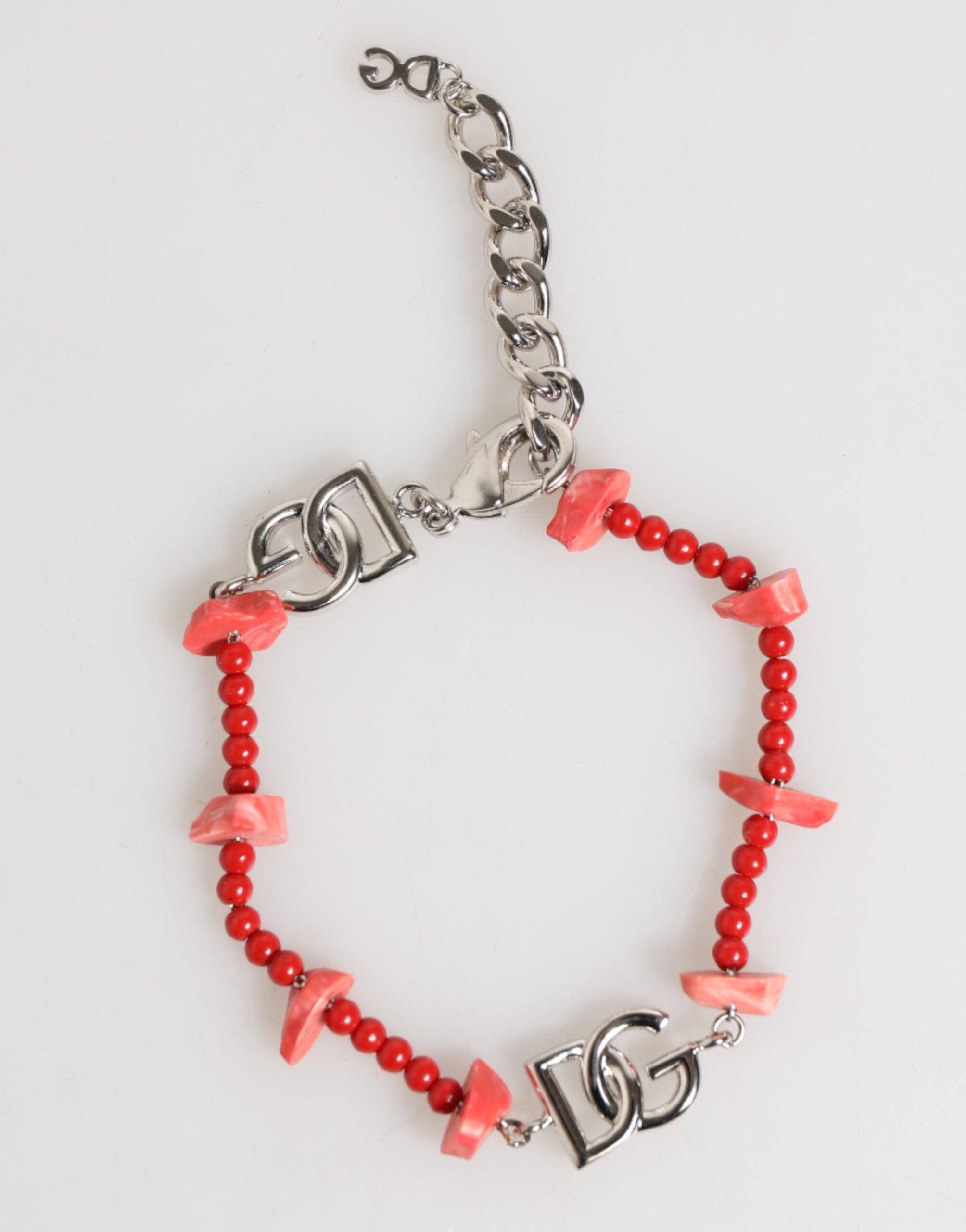 Dolce & Gabbana Silver Tone Brass Beaded Resin DG Logo Chain Men Bracelet