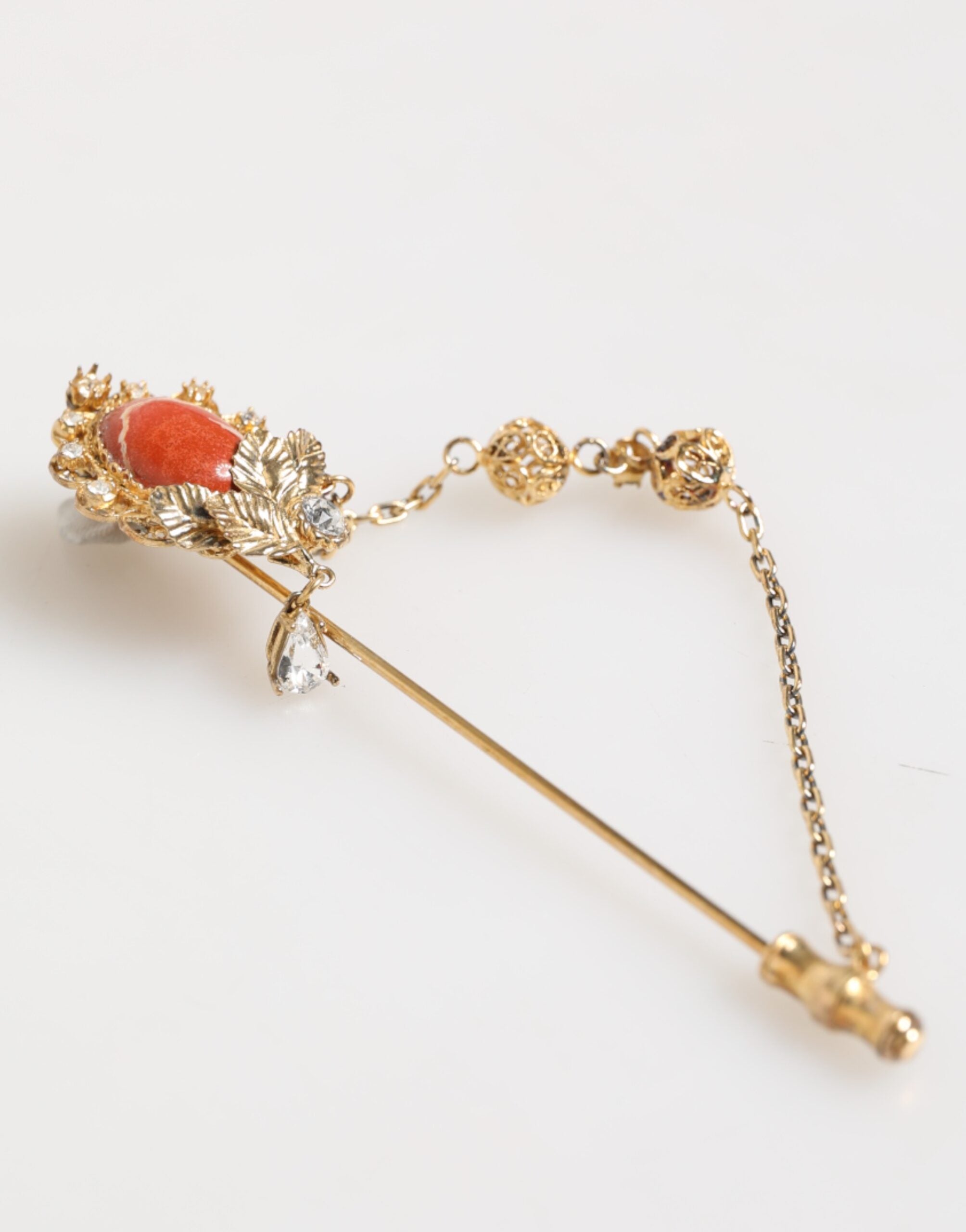 Dolce & Gabbana Gold Brass Crystal Chain 925 Sterling Silver Pin Brooch