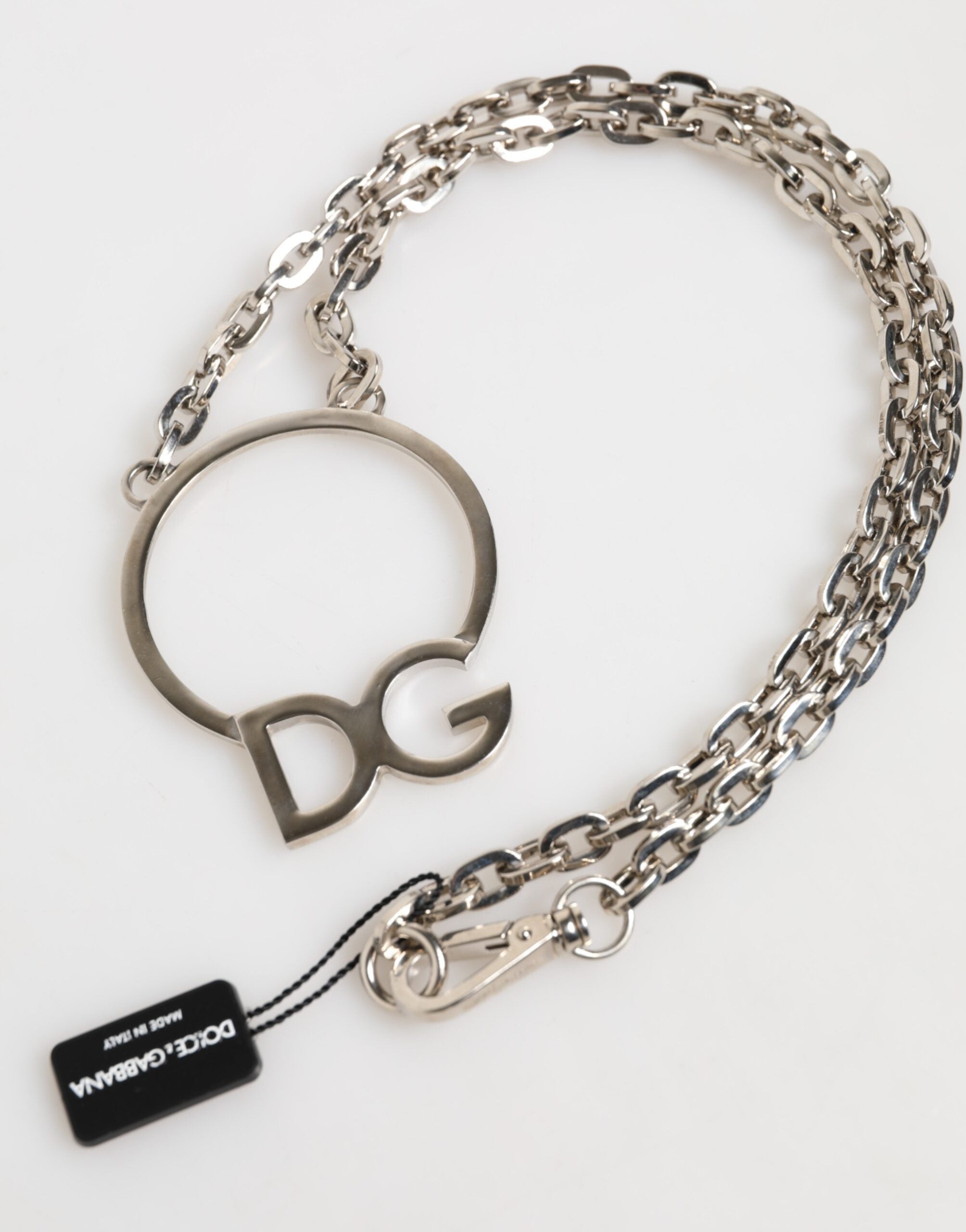 Dolce & Gabbana Silver Tone Brass Chain DG Logo Pendant Men Necklace