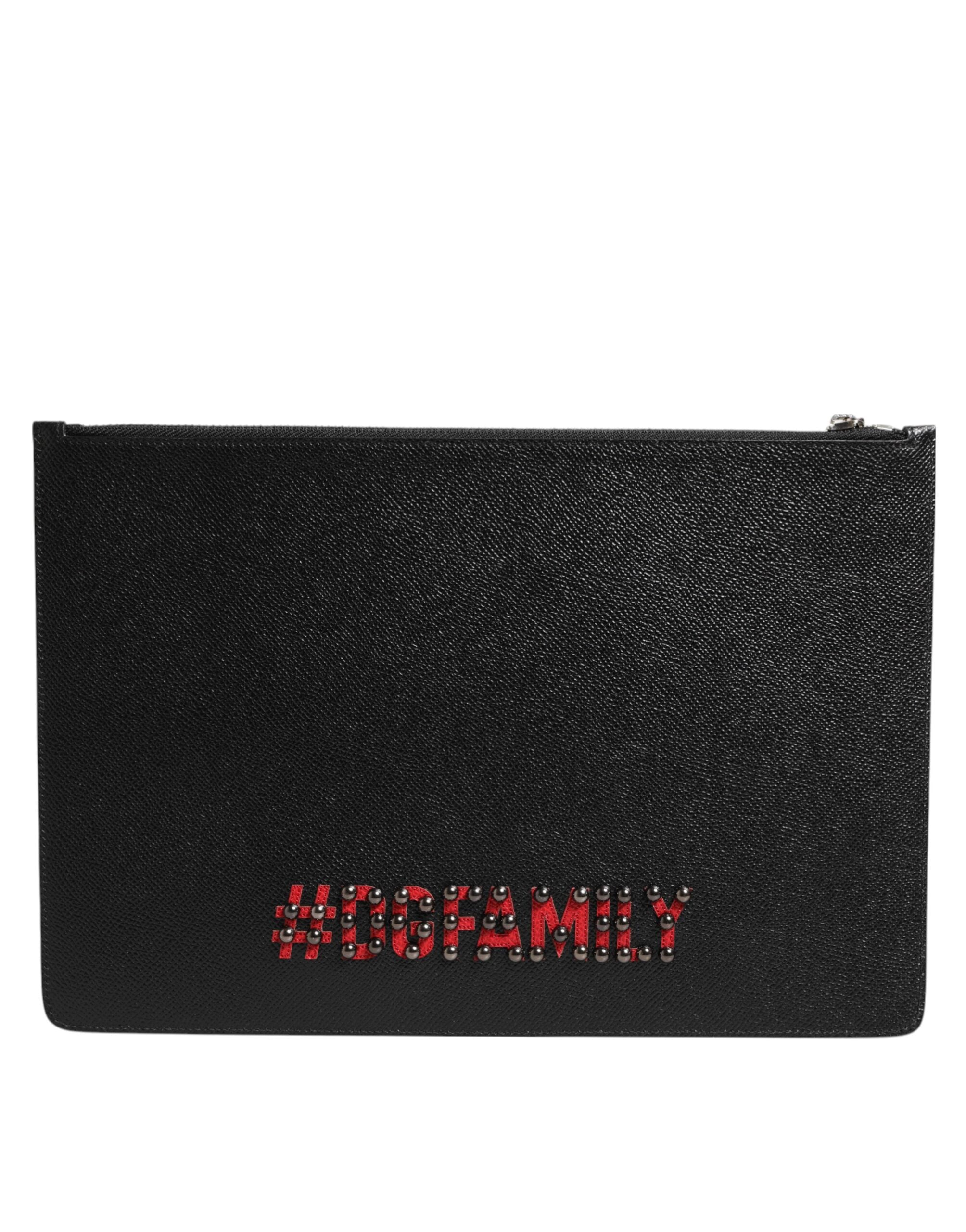 Dolce & Gabbana Black Leather #DGFAMILY Embellished Men Clutch Pouch Bag