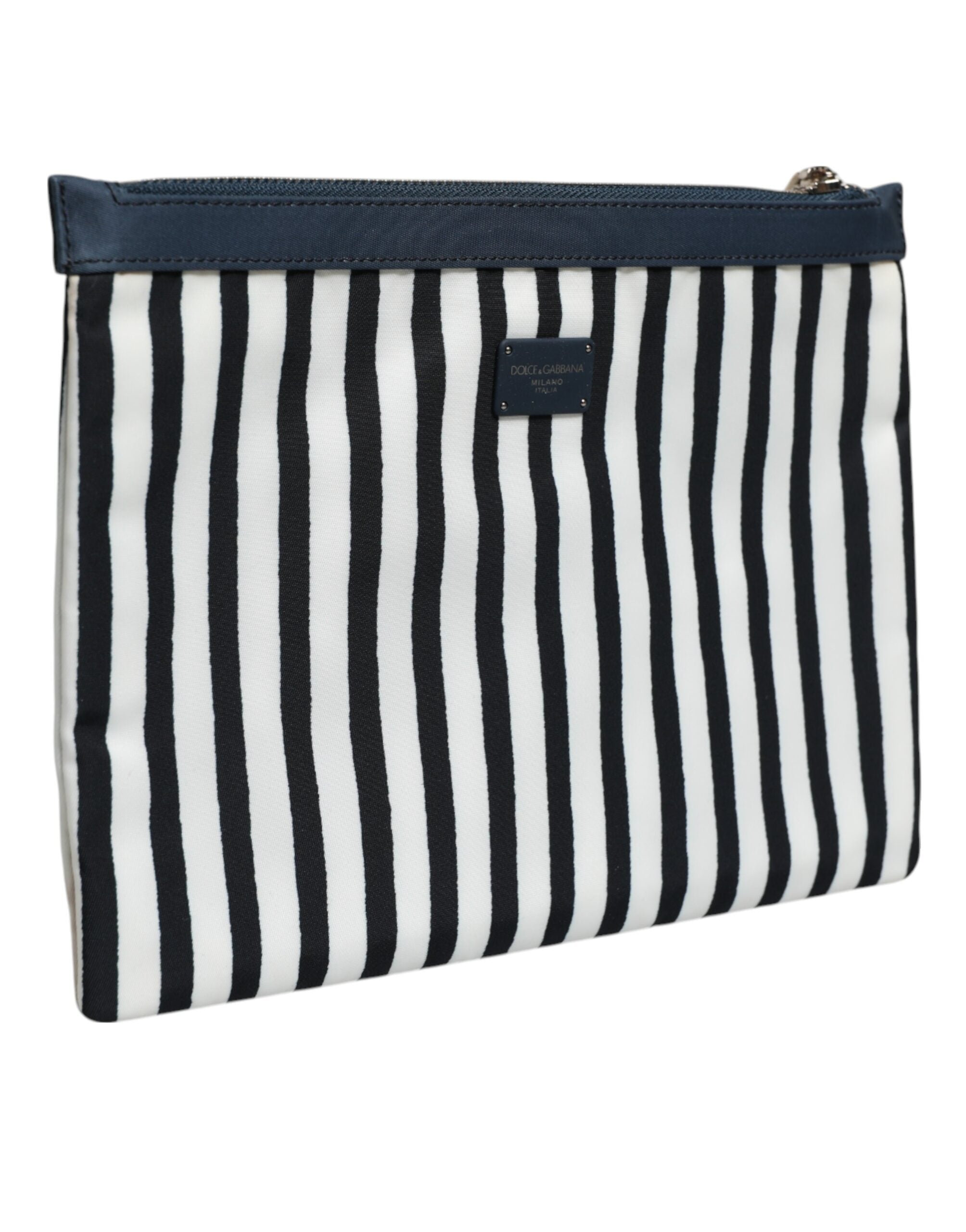 Dolce & Gabbana Black White Striped Logo Plaque Clutch Pouch Bag