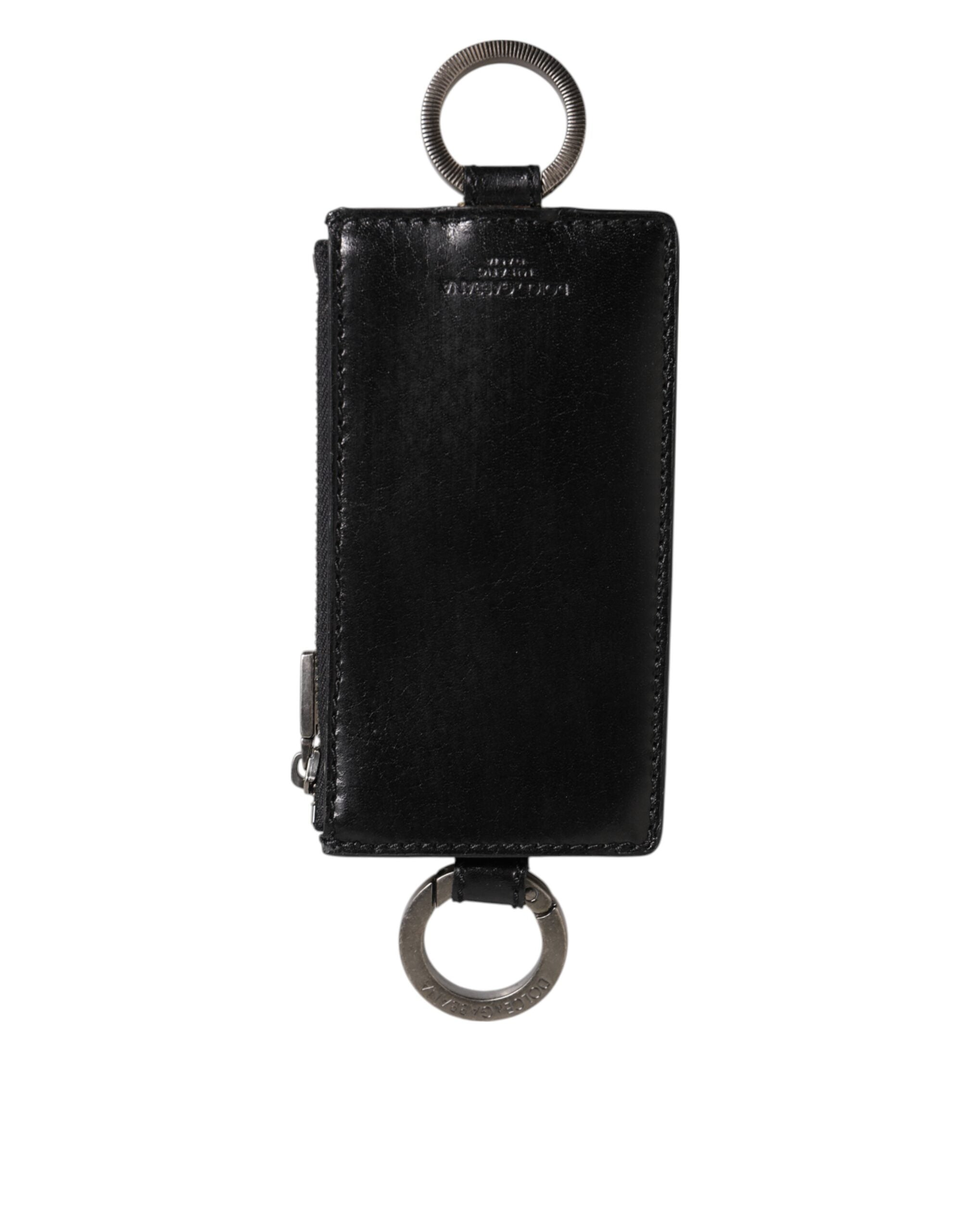 Dolce & Gabbana Black Leather Logo Embossed Lanyard Card Holde Wallet