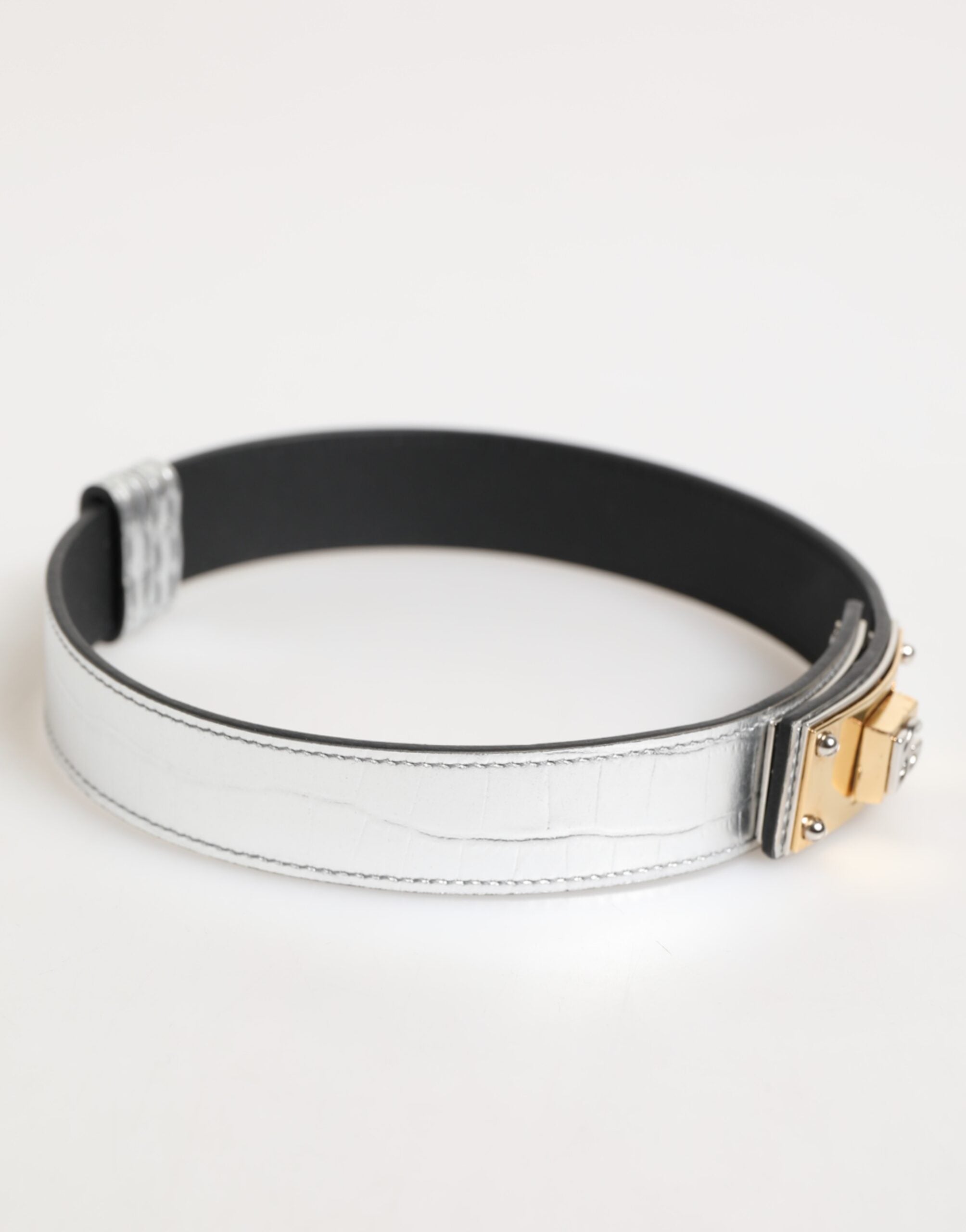 Dolce & Gabbana Silber Strukturiertes Leder Goldfarbenes Metallhalsband