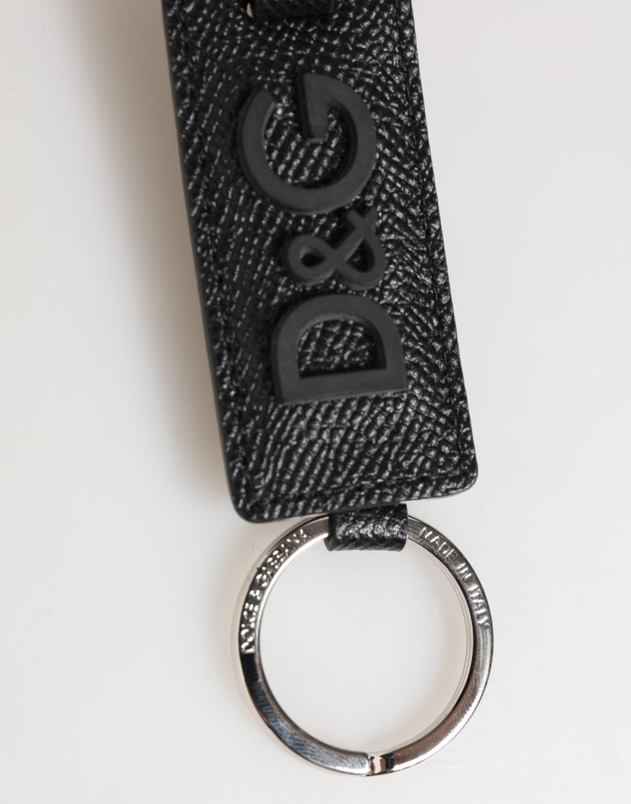 Dolce & Gabbana Black Leather Logo Metal Ring Keychain Holder Keyring