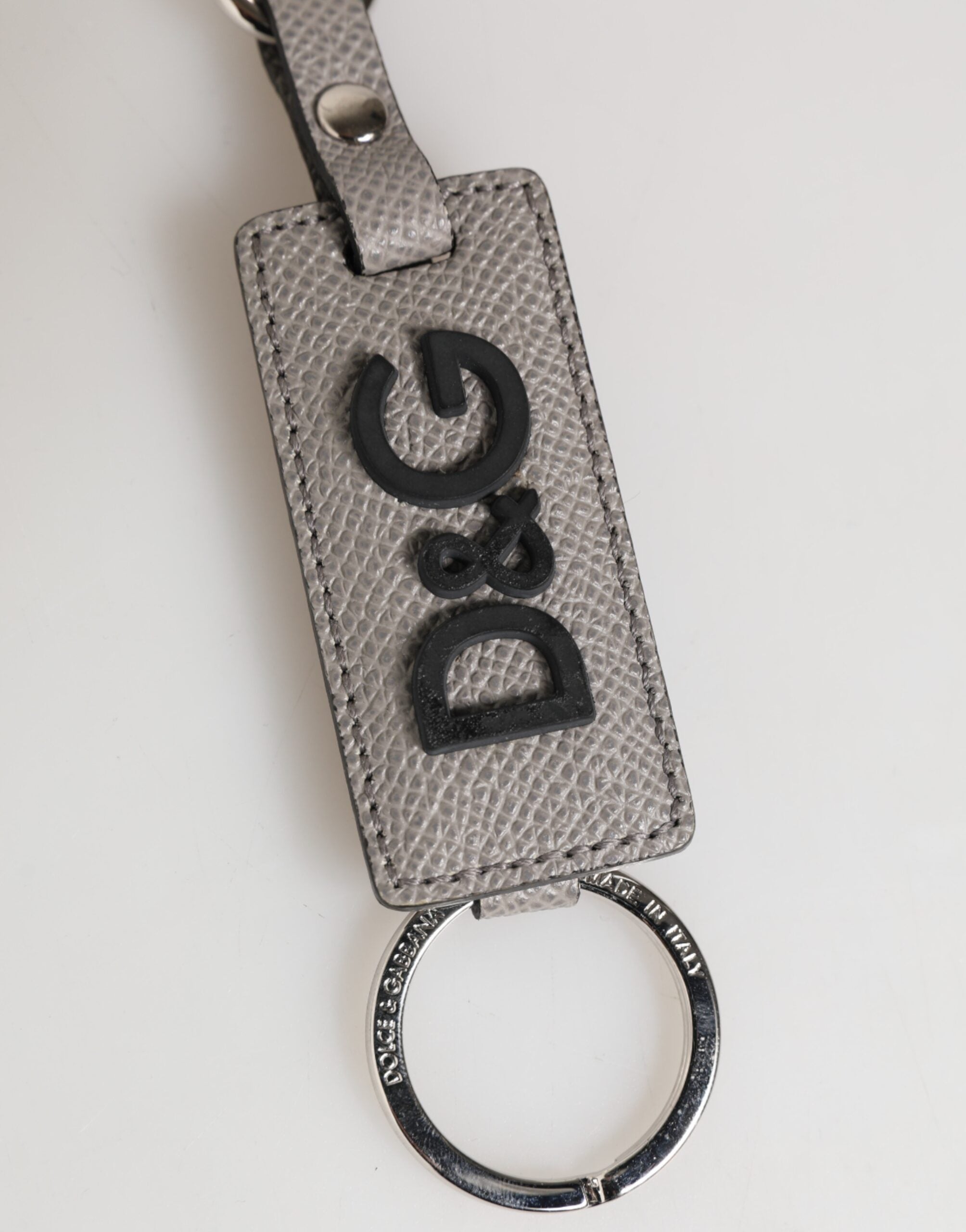 Dolce & Gabbana Gray Leather Logo Metal Ring Keychain Holder Keyring