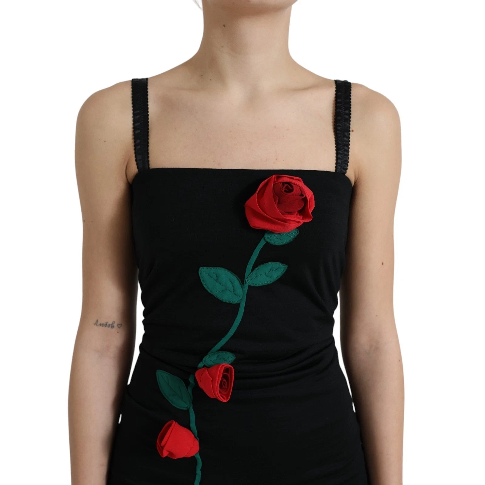 Dolce & Gabbana Schwarzes ärmelloses Wollkleid mit Rosenapplikationen
