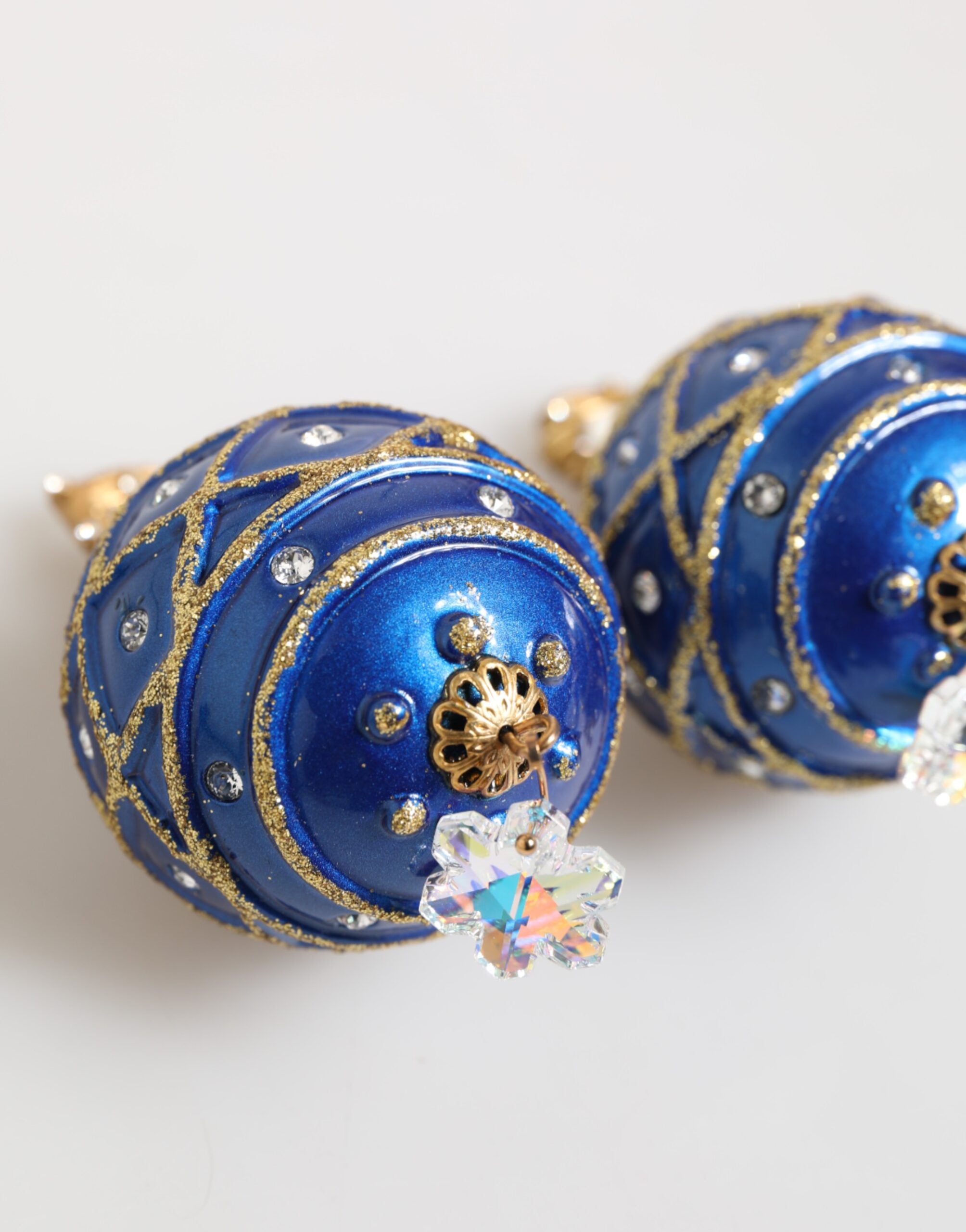 Dolce & Gabbana Gold Brass Blue Christmas Ball Crystal Drop Clip On Earrings