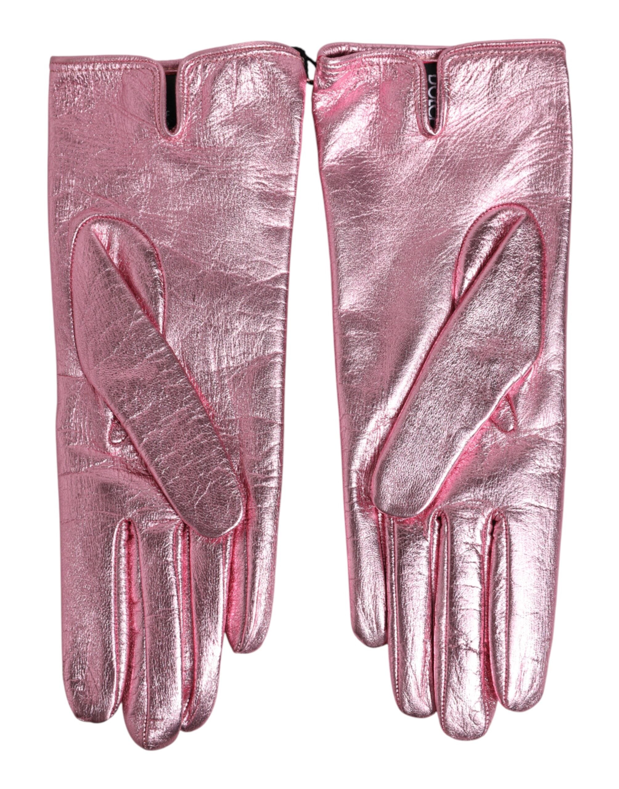 Dolce & Gabbana Pinke Leder-Fäustlinge mit DG-Logo und Handgelenkslänge