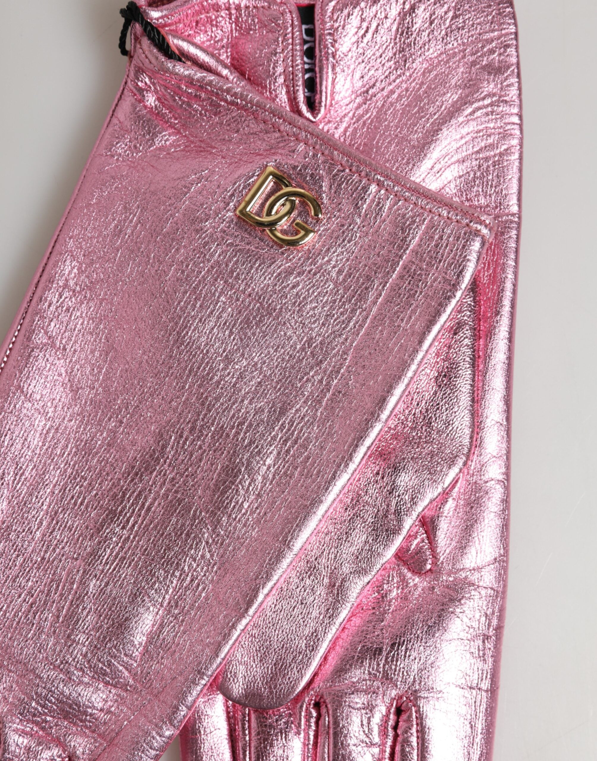 Dolce & Gabbana Pinke Leder-Fäustlinge mit DG-Logo und Handgelenkslänge