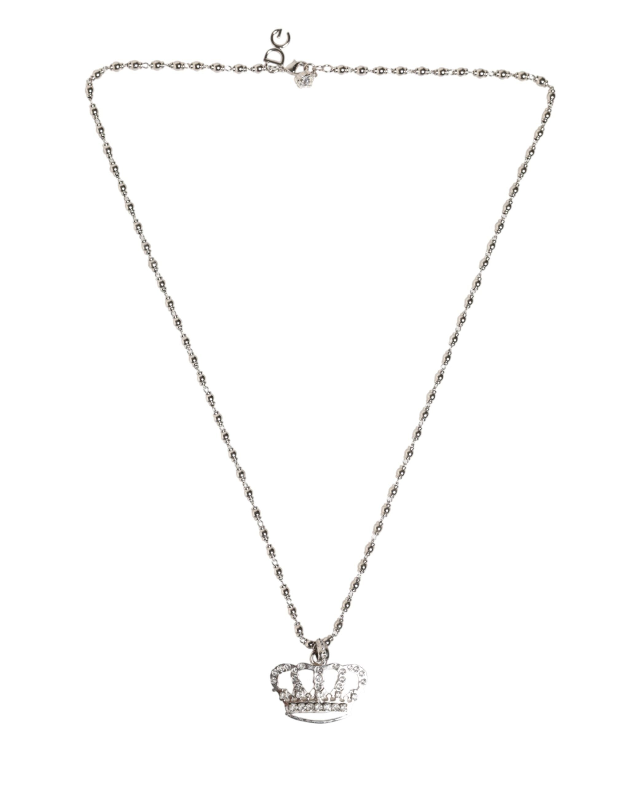 Dolce & Gabbana Silver Tone Brass Chain Crown Crystal Pendant Necklace