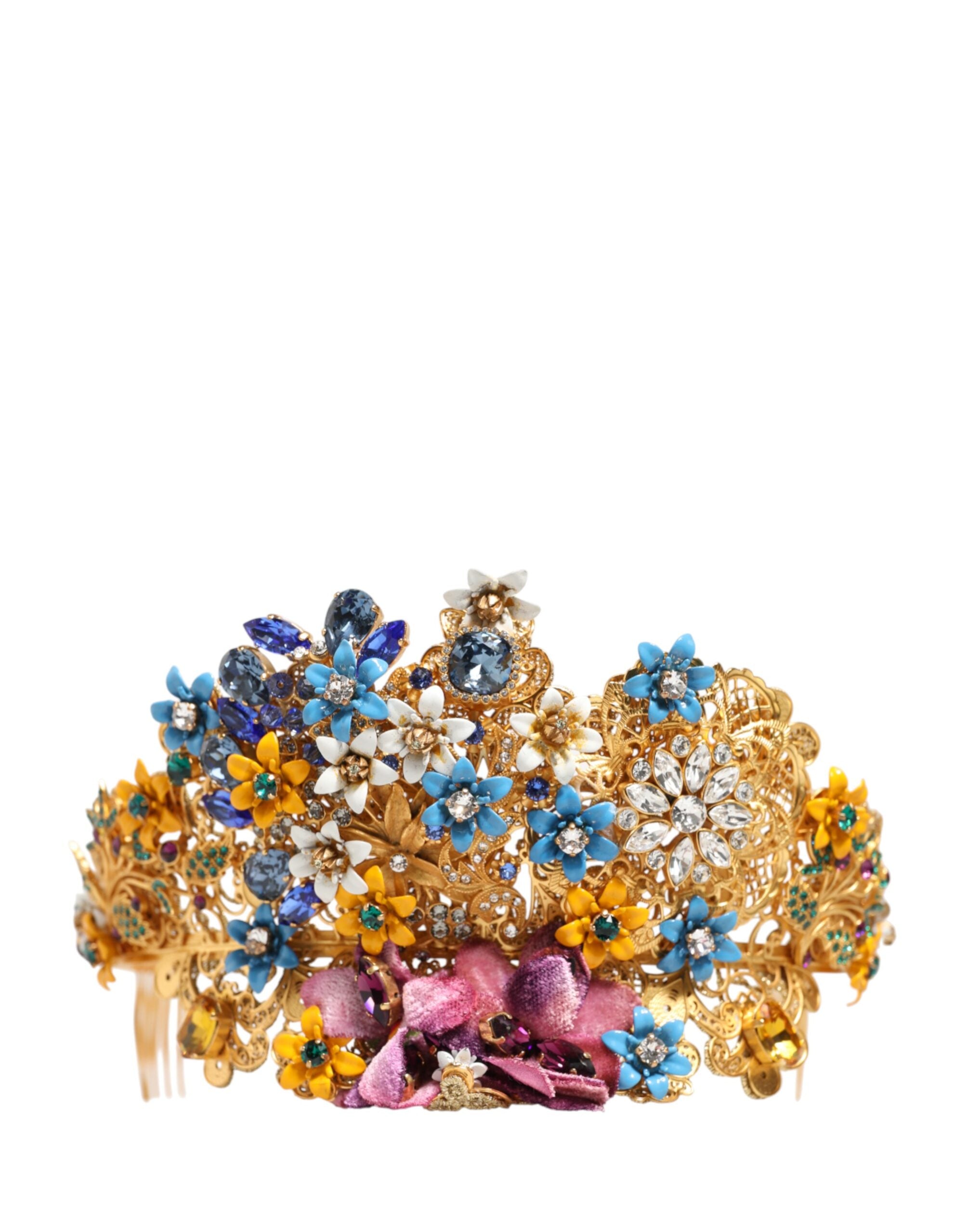 Dolce & Gabbana Gold Brass Crystal Floral Hortensia Crown Headband Tiara
