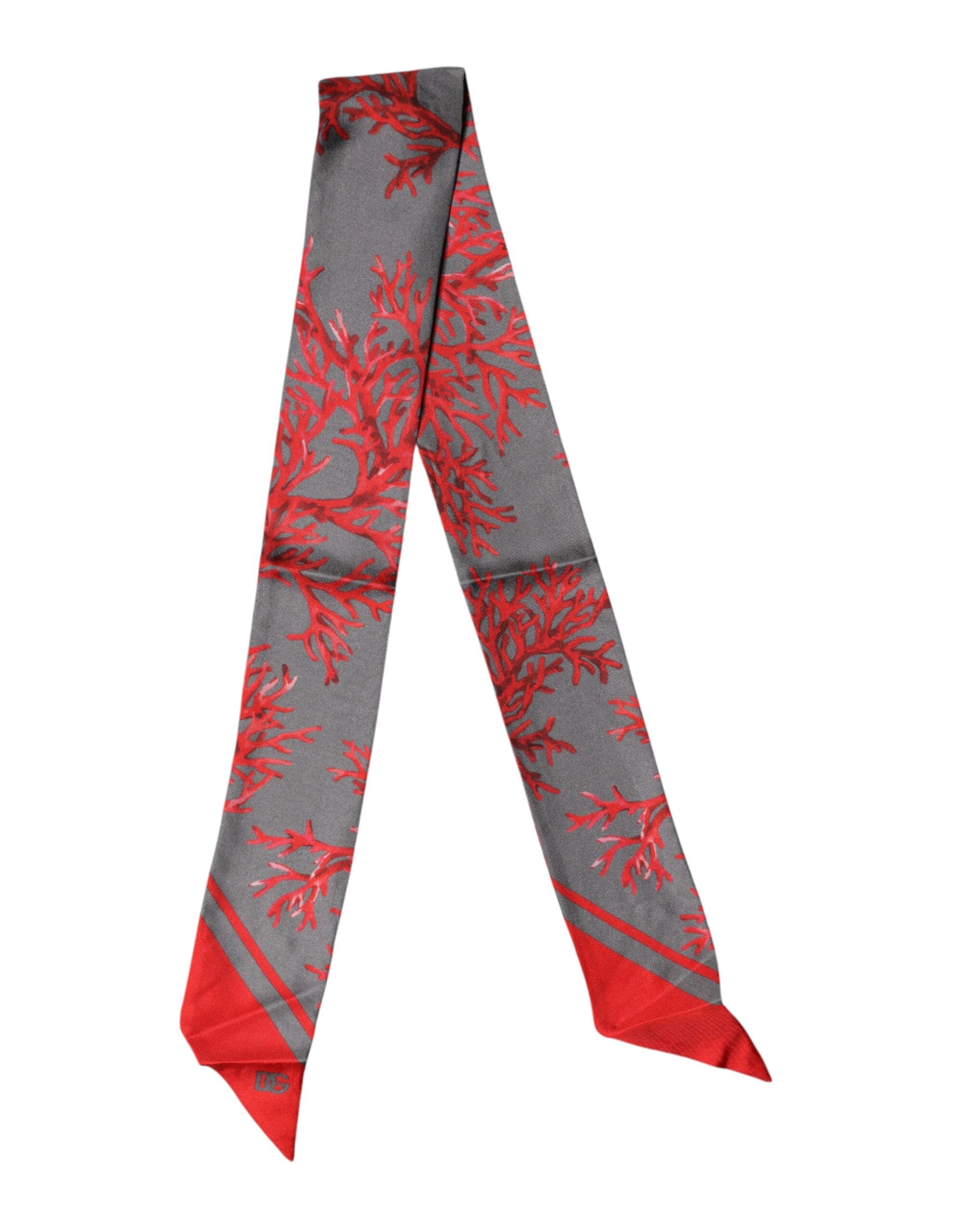 Dolce & Gabbana Red Gray Coral Print Neck Wrap Foulard Scarf