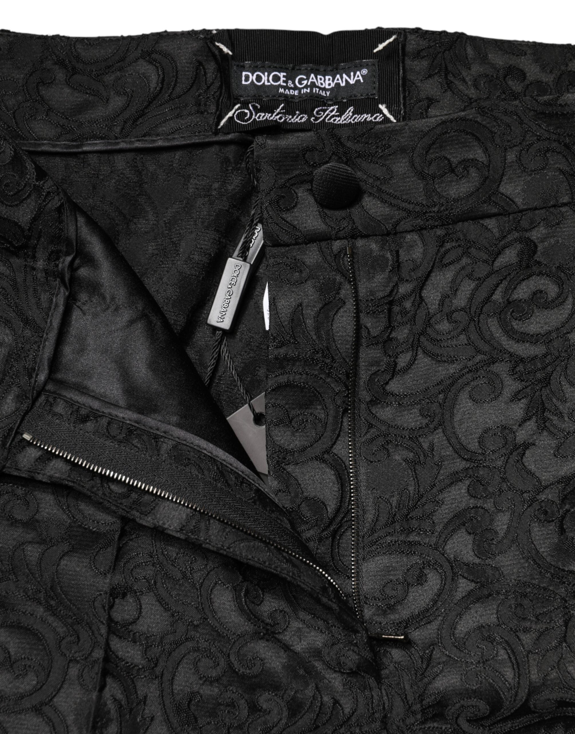 Dolce & Gabbana Black Floral Brocade High Waisted Trouser Pants