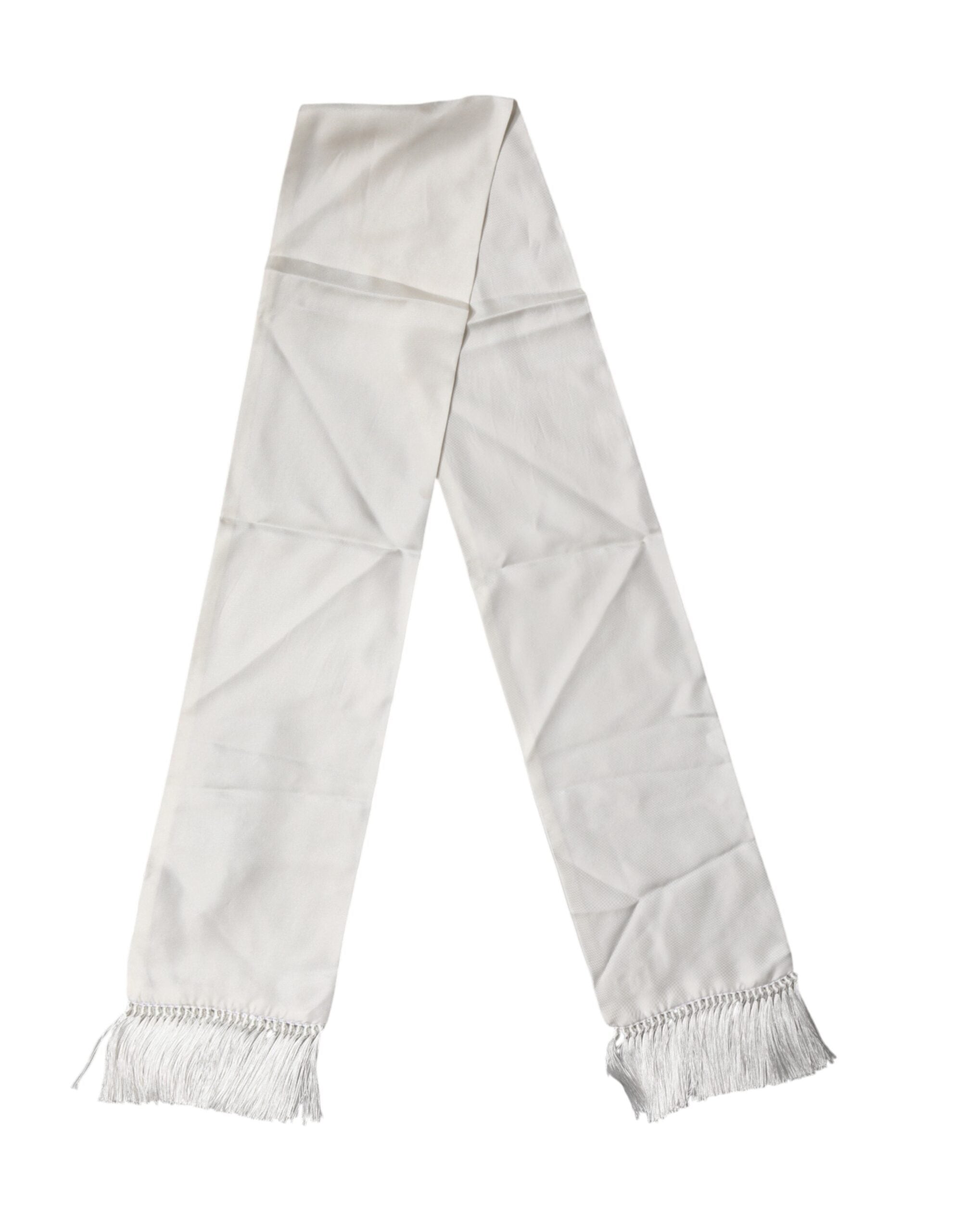 Dolce & Gabbana White Satin Silk Fringes Neck Foulard Scarf