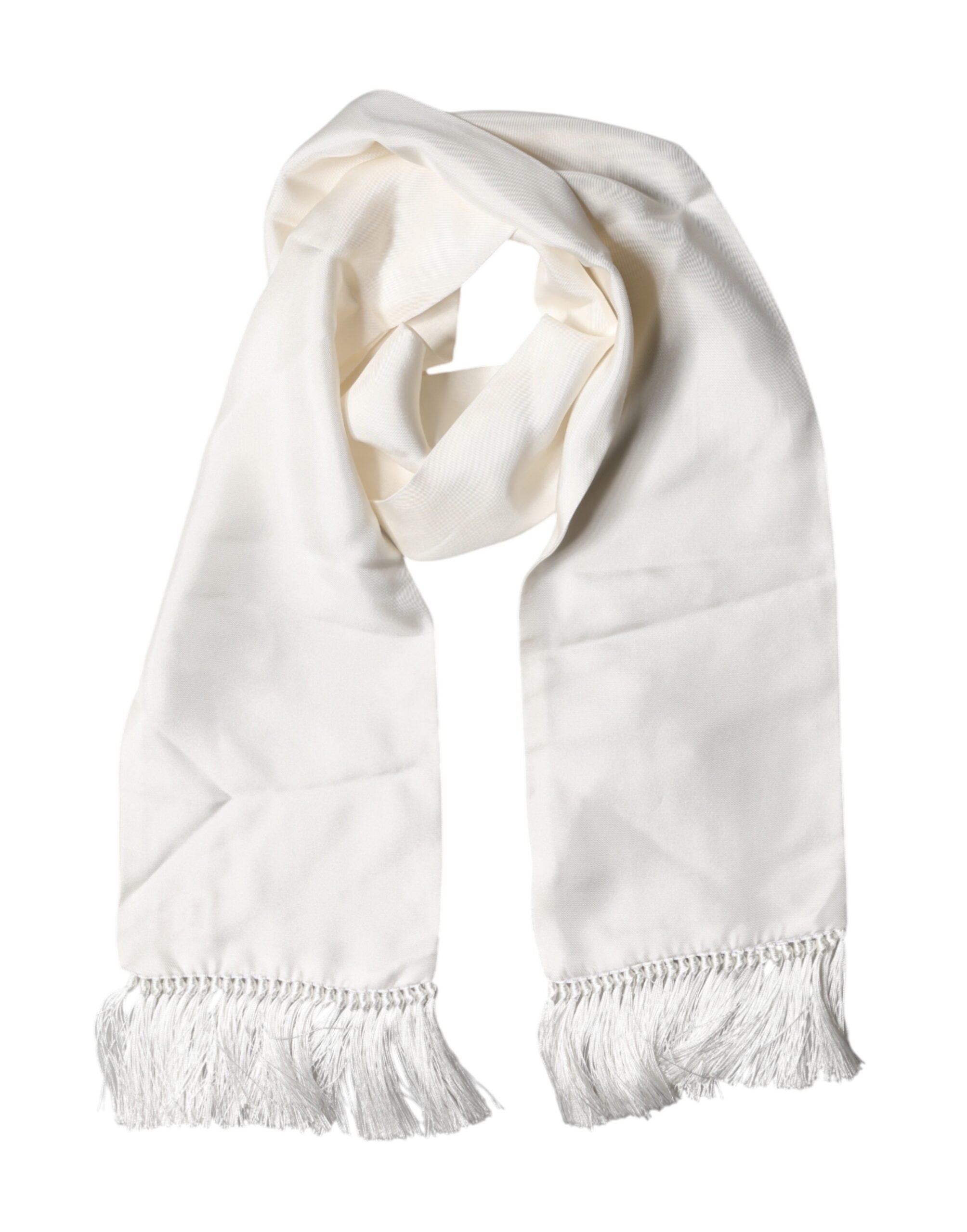 Dolce & Gabbana White Satin Silk Fringes Neck Foulard Scarf