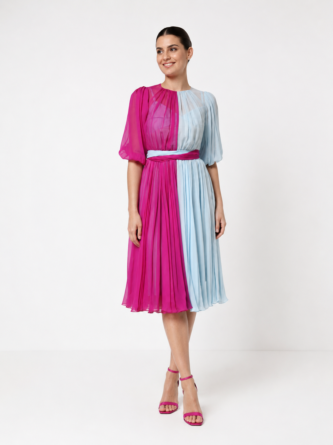 Dolce & Gabbana Fuchsiapink Hellblaues Zweifarbiges Midikleid Aus Seide