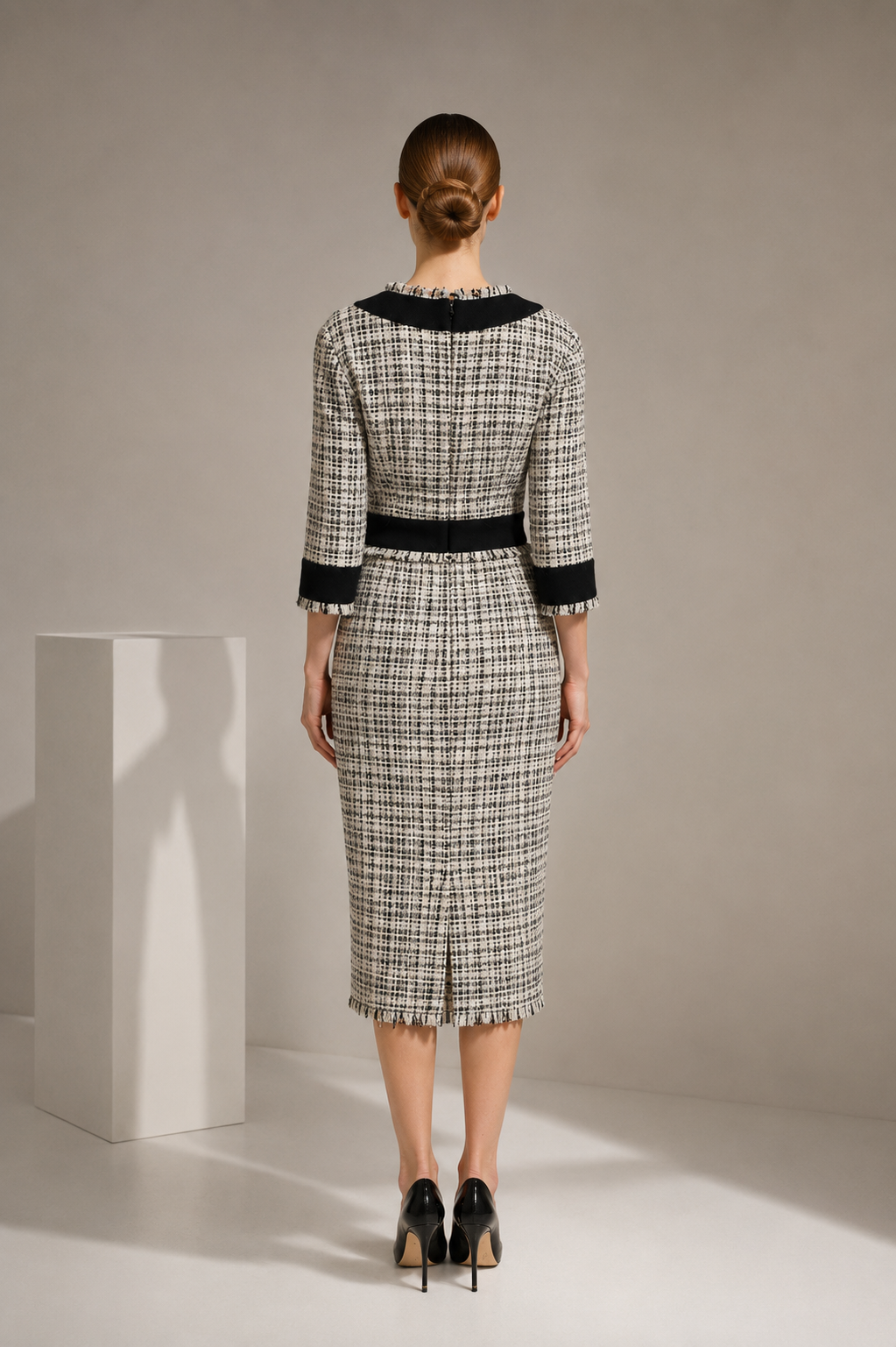 Dolce & Gabbana Multicolor Bouclé Tweed Frayed Trim Midi Dress